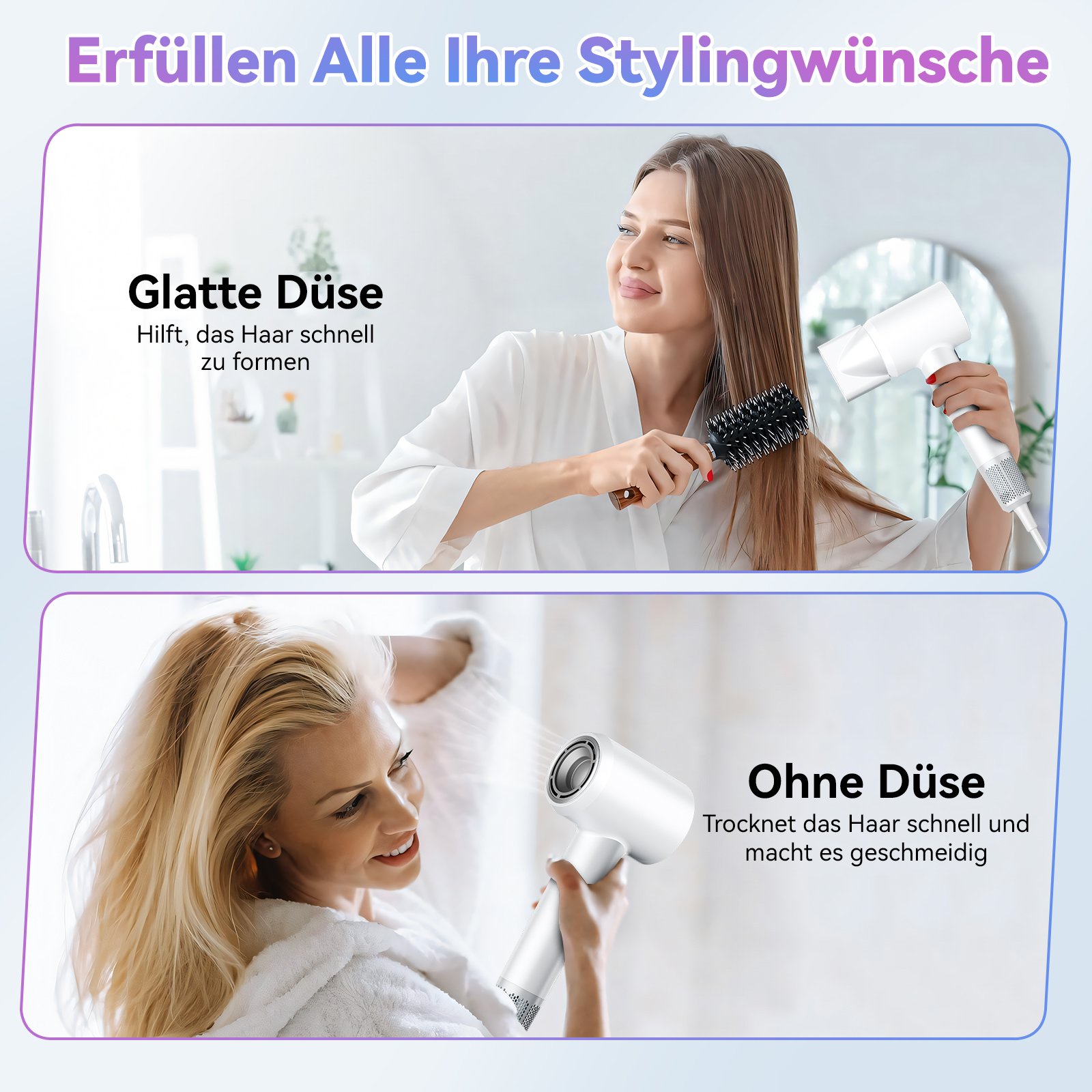 Eine Frau benutzt einen Haartrockner mit und ohne Düse, gezeigt in zwei Bildern.