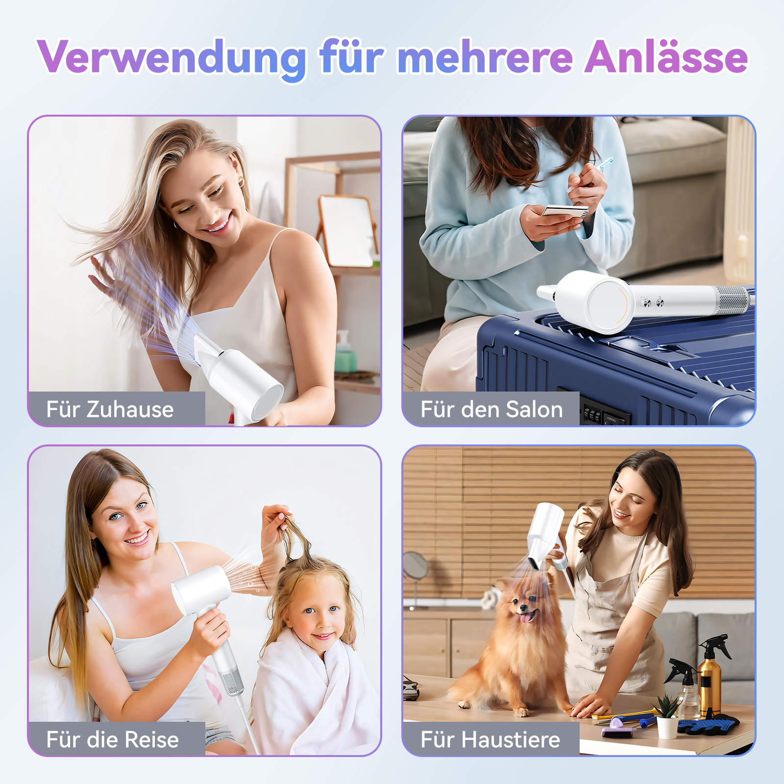 Vier Bilder, die zeigen, wie Menschen einen Haartrockner in verschiedenen Umgebungen benutzen. Weißer Hintergrund.