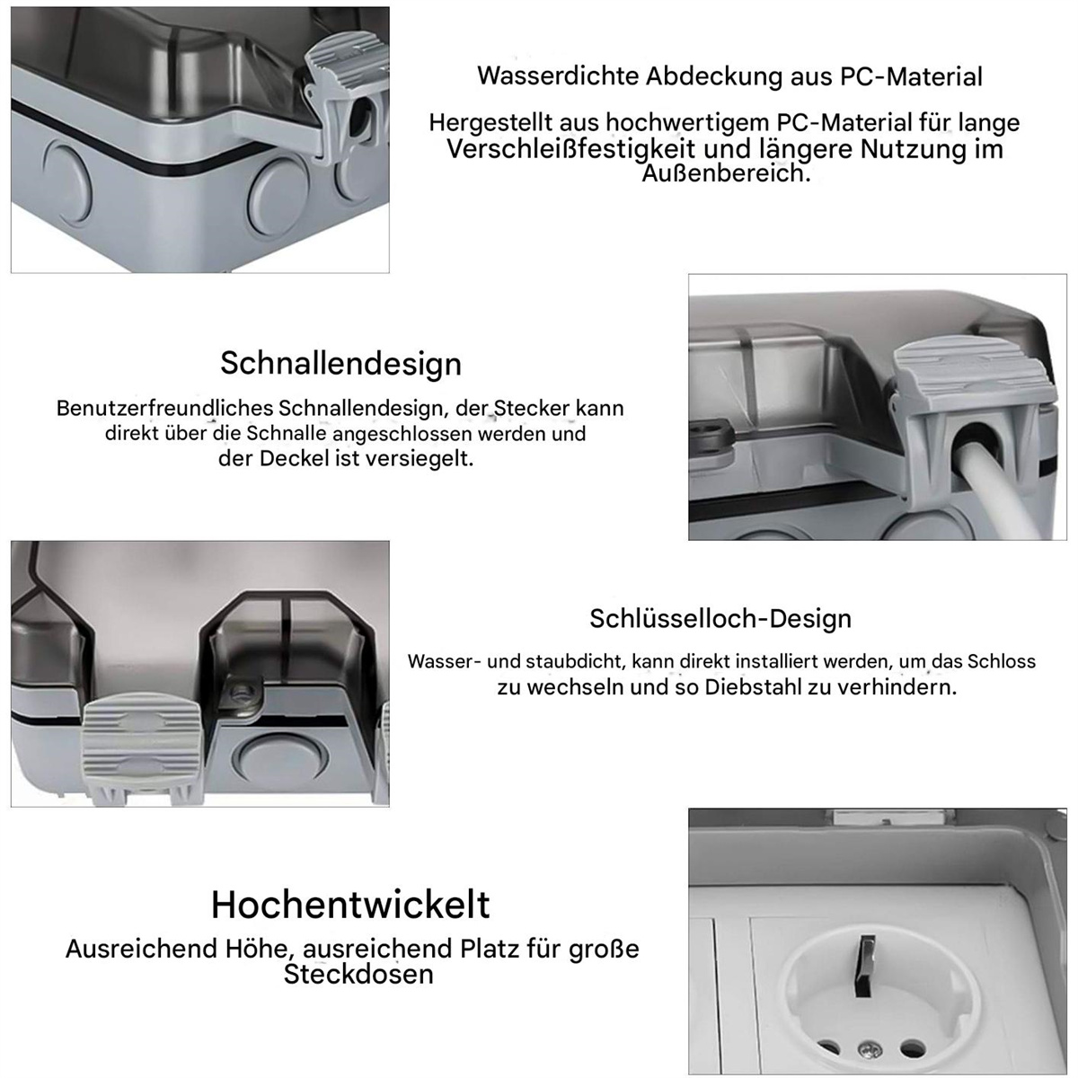 Nahaufnahmen einer grauen elektrischen Außenbox. Details zu Deckel, Riegel und Schraubenlöchern sind gezeigt.