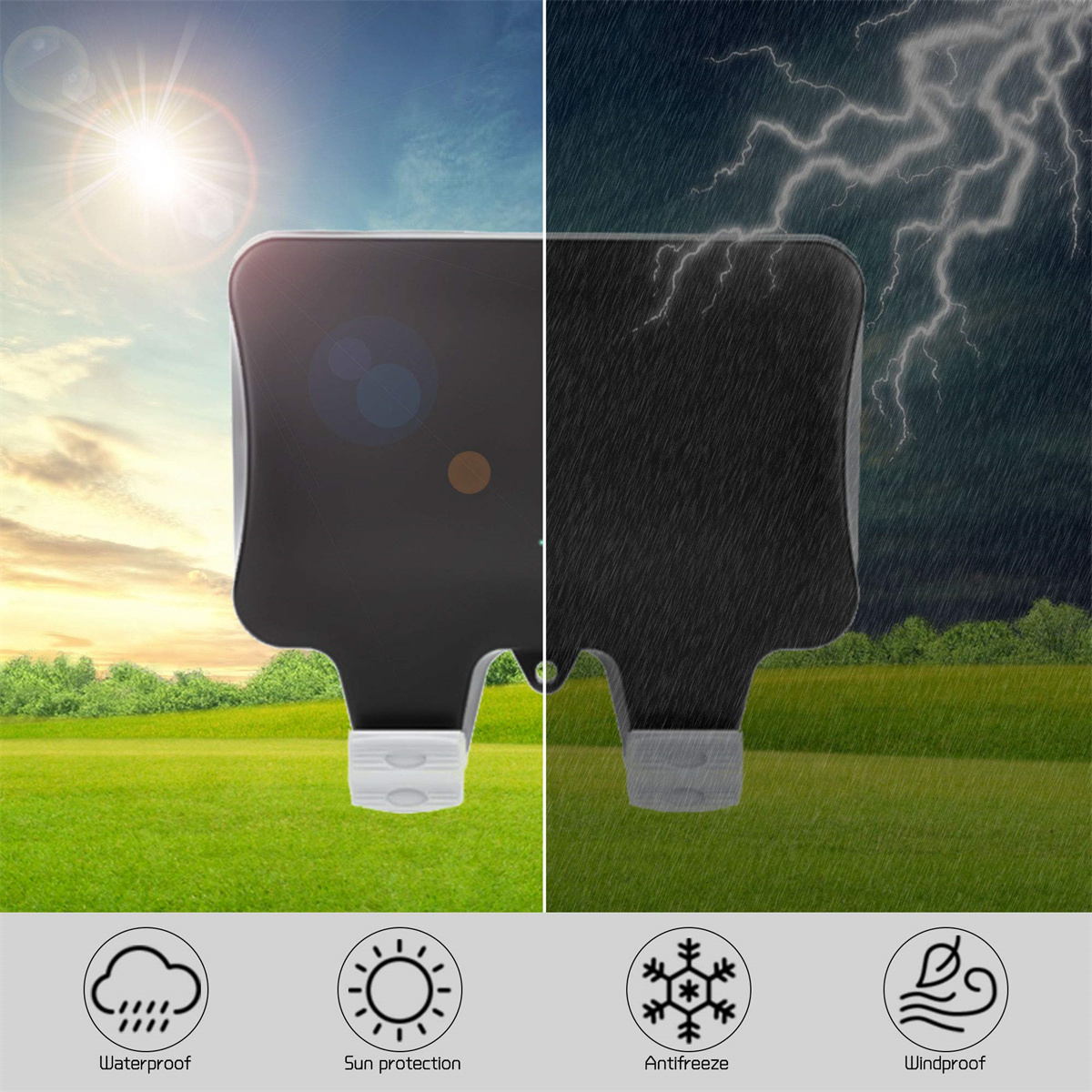 Ein schwarzes Gerät mit Wetterschutzsymbolen: Regen, Sonne, Frostschutz und Wind. Der Hintergrund zeigt Himmel und Gras.