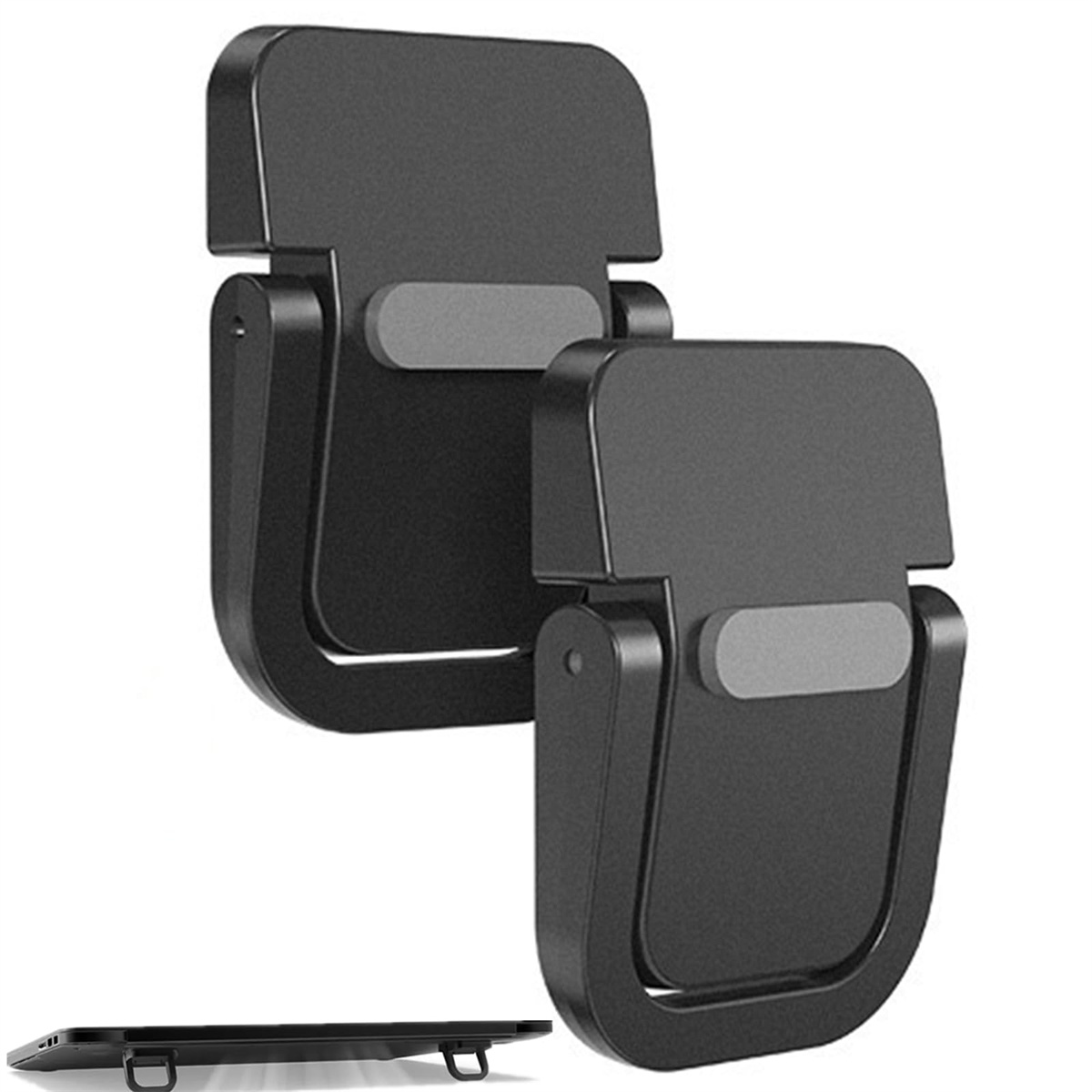 Zwei schwarze Webcam-Abdeckungen mit Schiebemechanismus, zusammen mit einem Tablet mit angebrachten Abdeckungen.