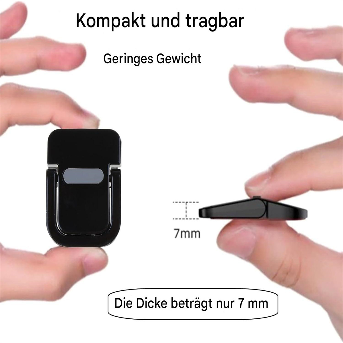 Schwarzer Telefonringhalter. Er wird geöffnet und geschlossen gezeigt. Die Dicke wird mit 7 mm angegeben.