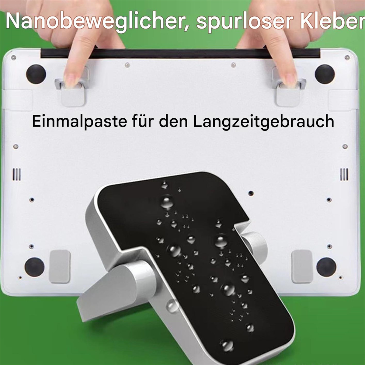 Der Boden eines Laptops mit einem mit Klebestreifen befestigten Ständer.