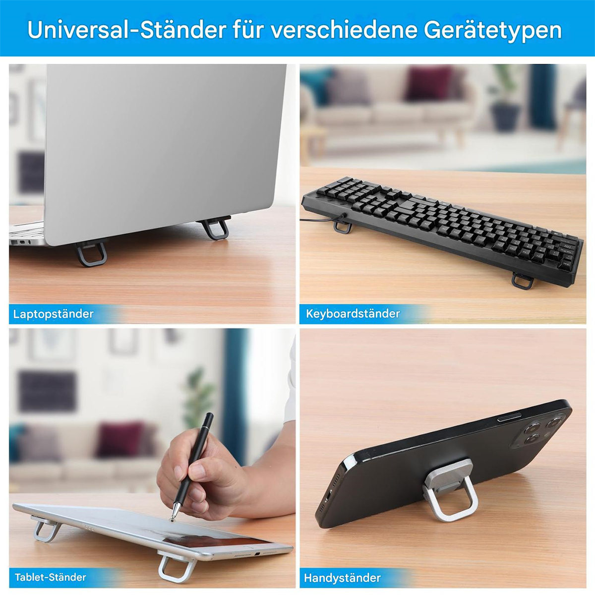 Ein Satz Universalständer für Laptop, Tastatur, Tablet und Telefon, alle mit ähnlichem Design.