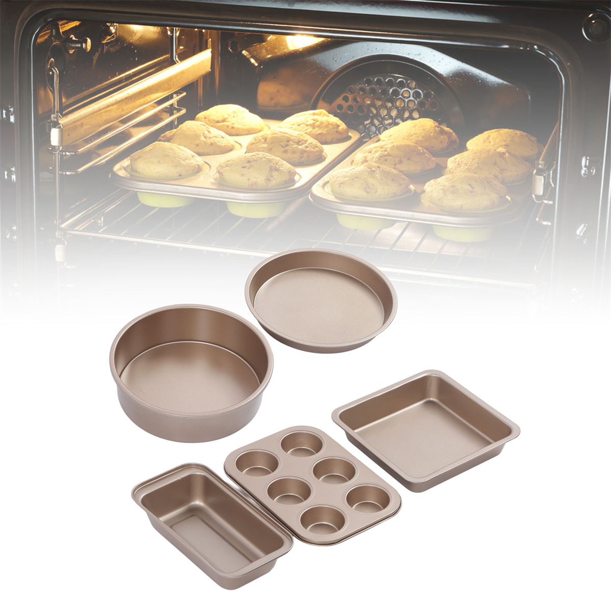 Ofen mit gebackenen Muffins in Tabletts und verschiedenen Backformen.