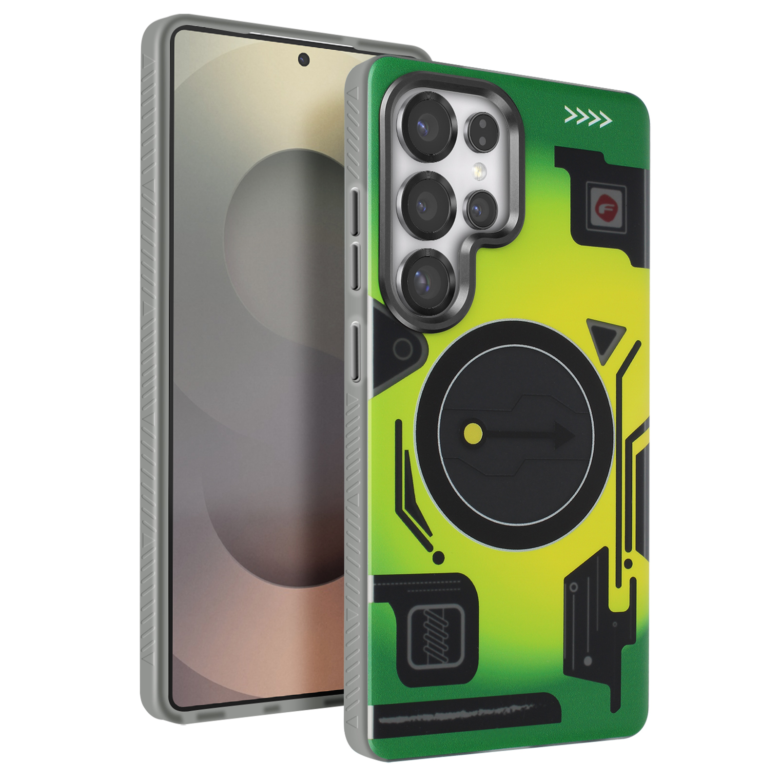 Una custodia per telefono con un motivo verde e giallo, che copre la parte posteriore e i lati di un telefono.