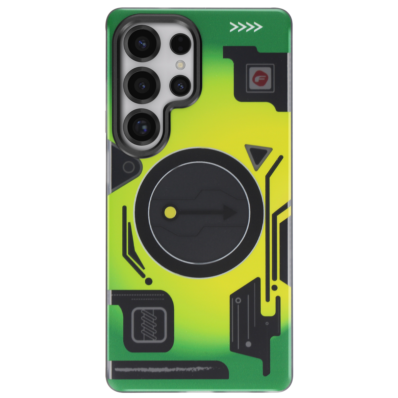 Custodia per telefono verde e gialla. Presenta un design a cerchio nero e più lenti della fotocamera.