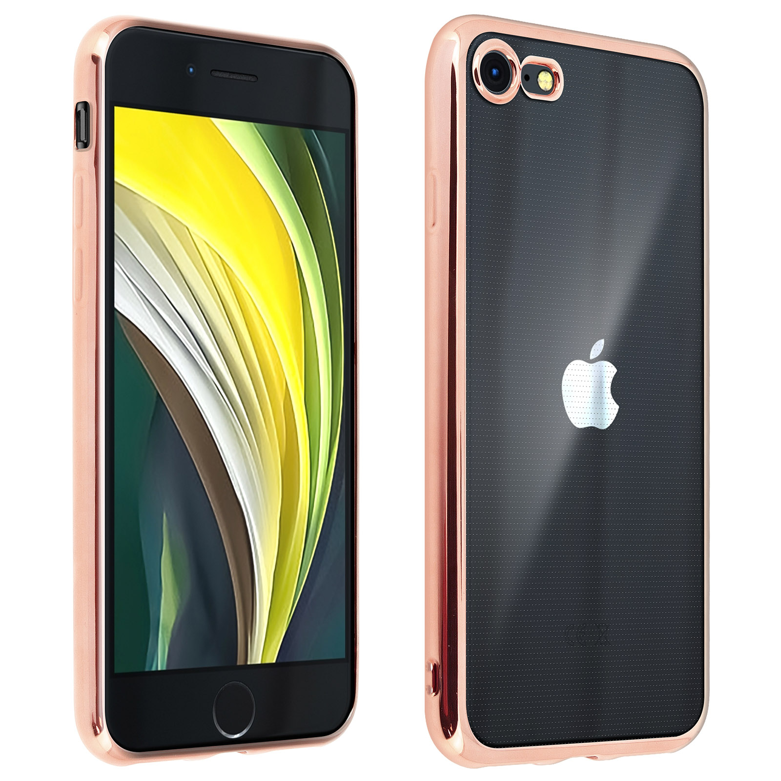iPhone in una custodia oro rosa, mostrando i lati posteriore e anteriore, su una superficie bianca.