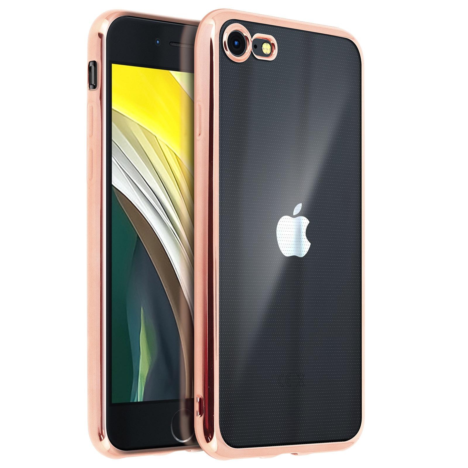 Un iPhone oro rosa con una custodia nera e un logo Apple bianco sul retro.