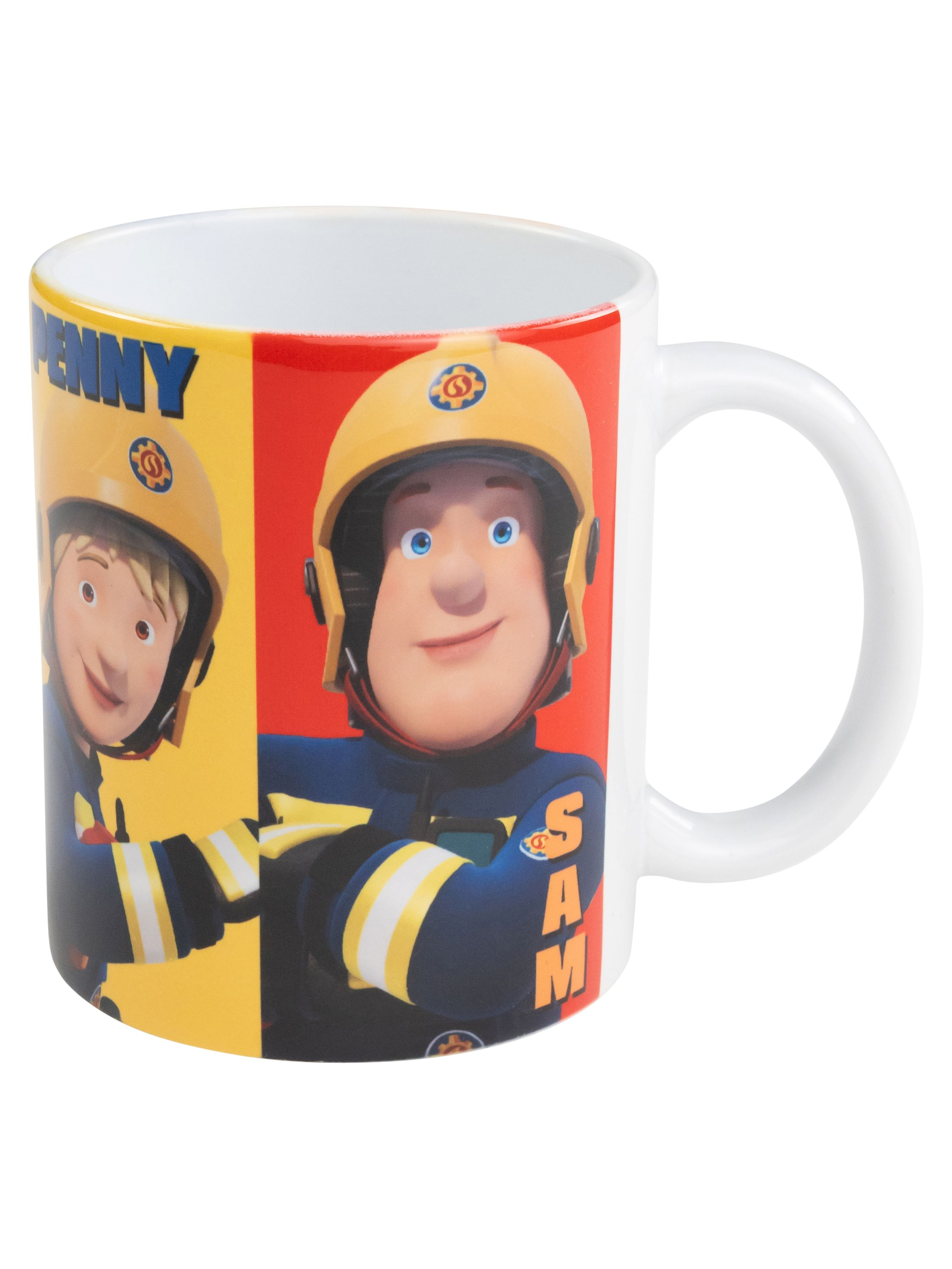 Weißer Becher mit Abbildungen von Feuerwehrmann Sam und Penny. Der Becher hat einen Griff.