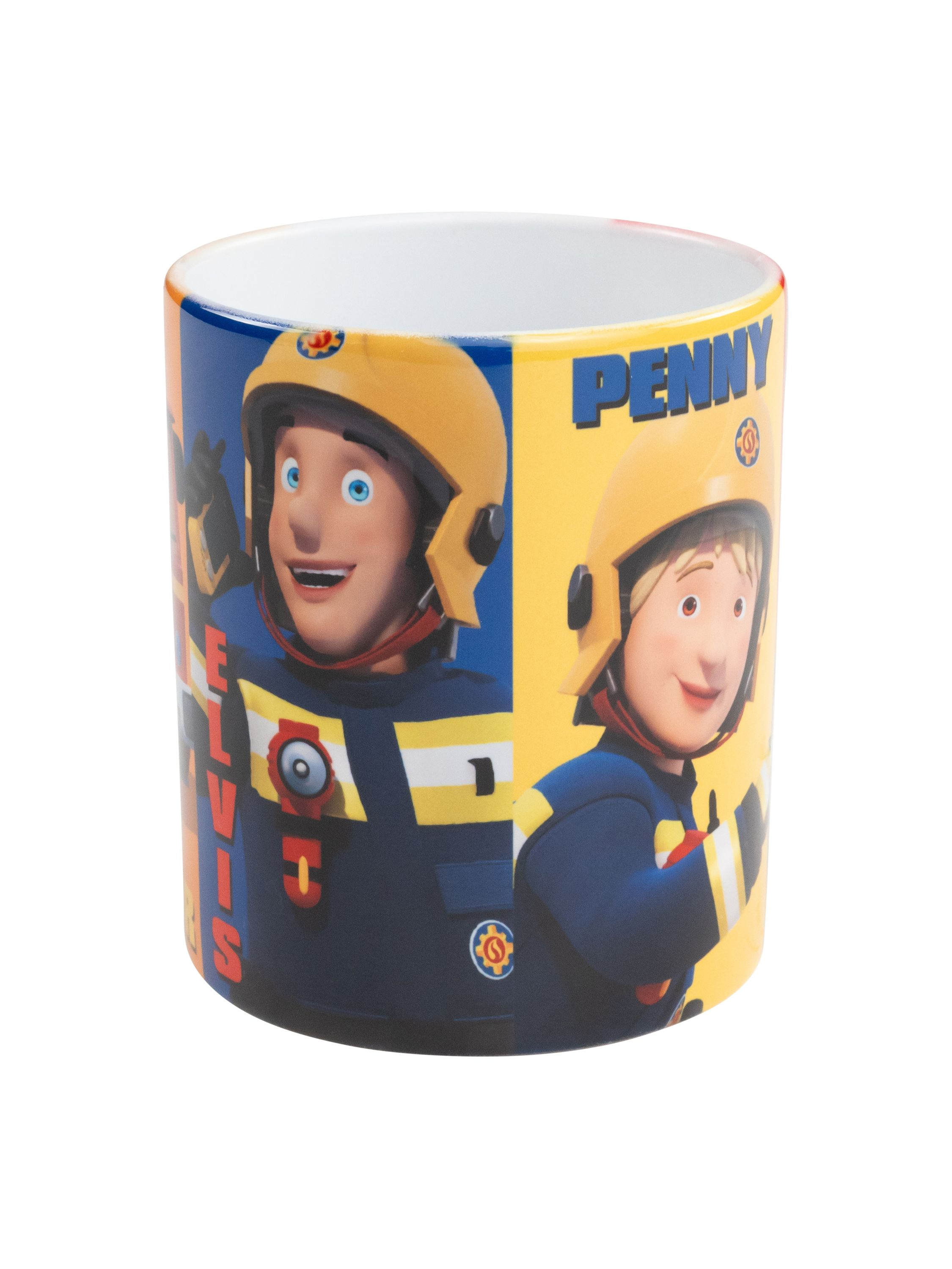 Eine Tasse mit Bildern von zwei Feuerwehrleuten, in Blau und Gelb, mit den Namen Elvis und Penny.