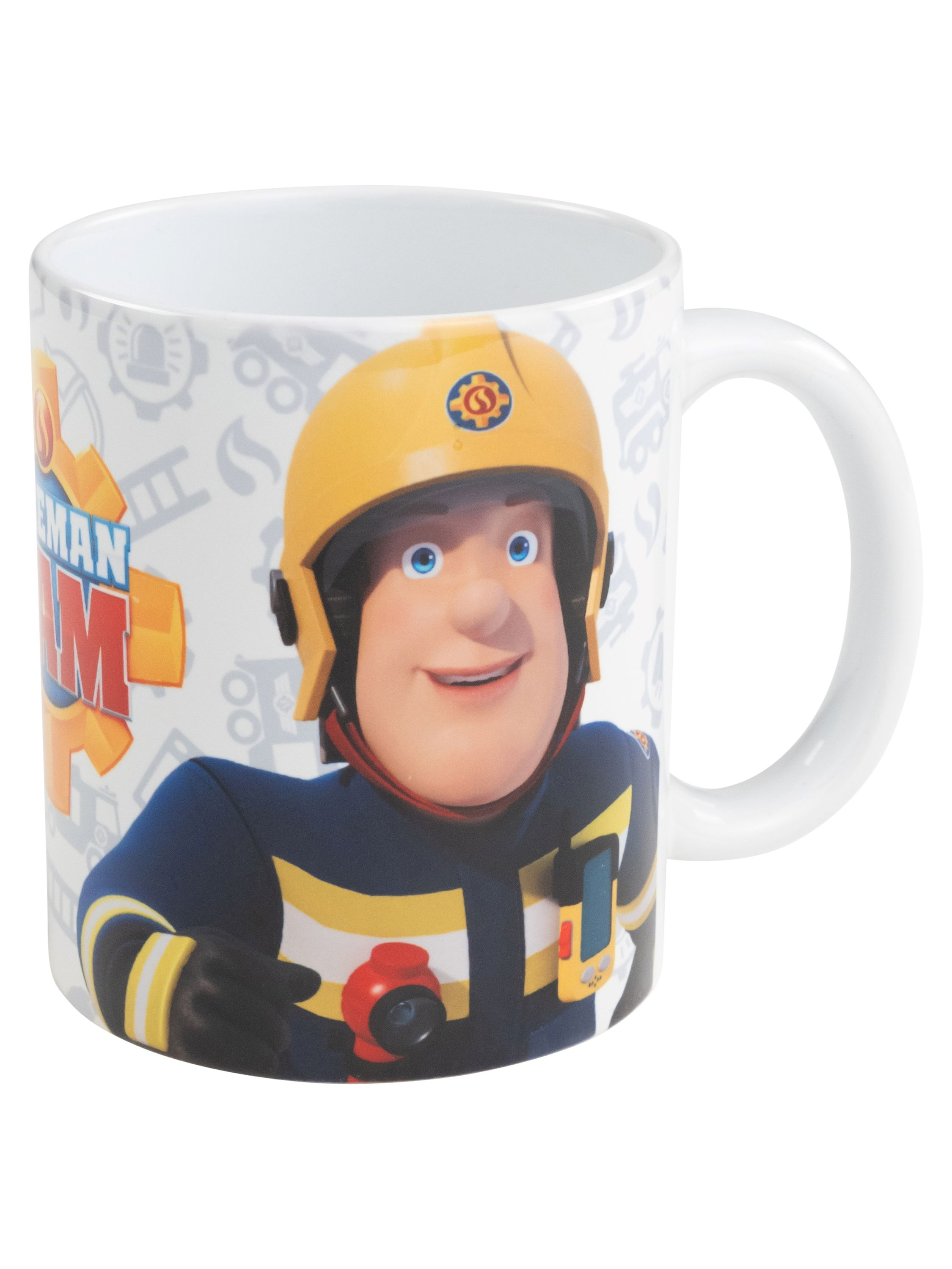 Eine Tasse mit einer Feuerwehrmann-Cartoonfigur und einem weißen Griff.