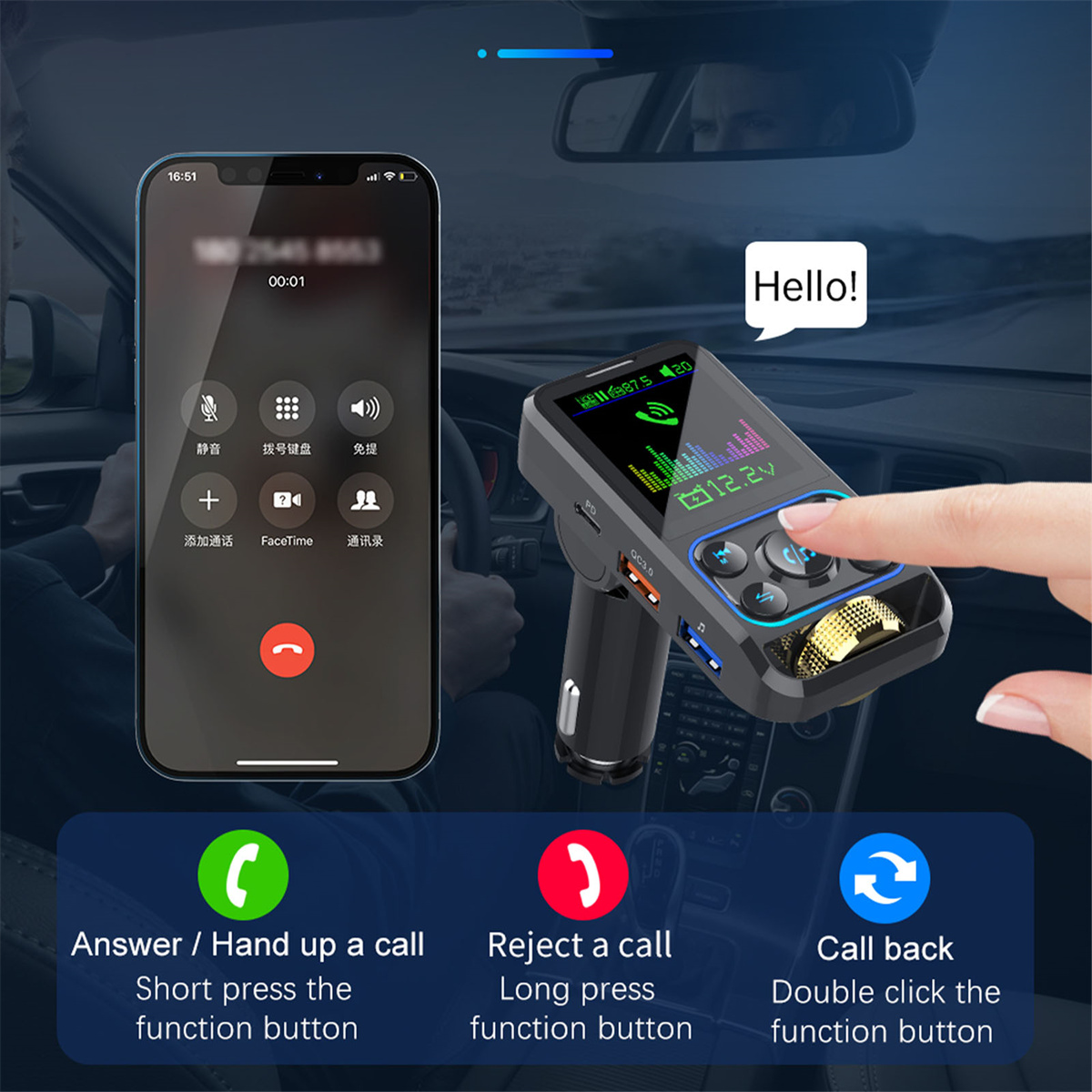 Ein Auto-Innenraum mit Telefon und einem Gerät, das Anrufsteuerungen anzeigt. Eine Hand interagiert mit dem Gerät.