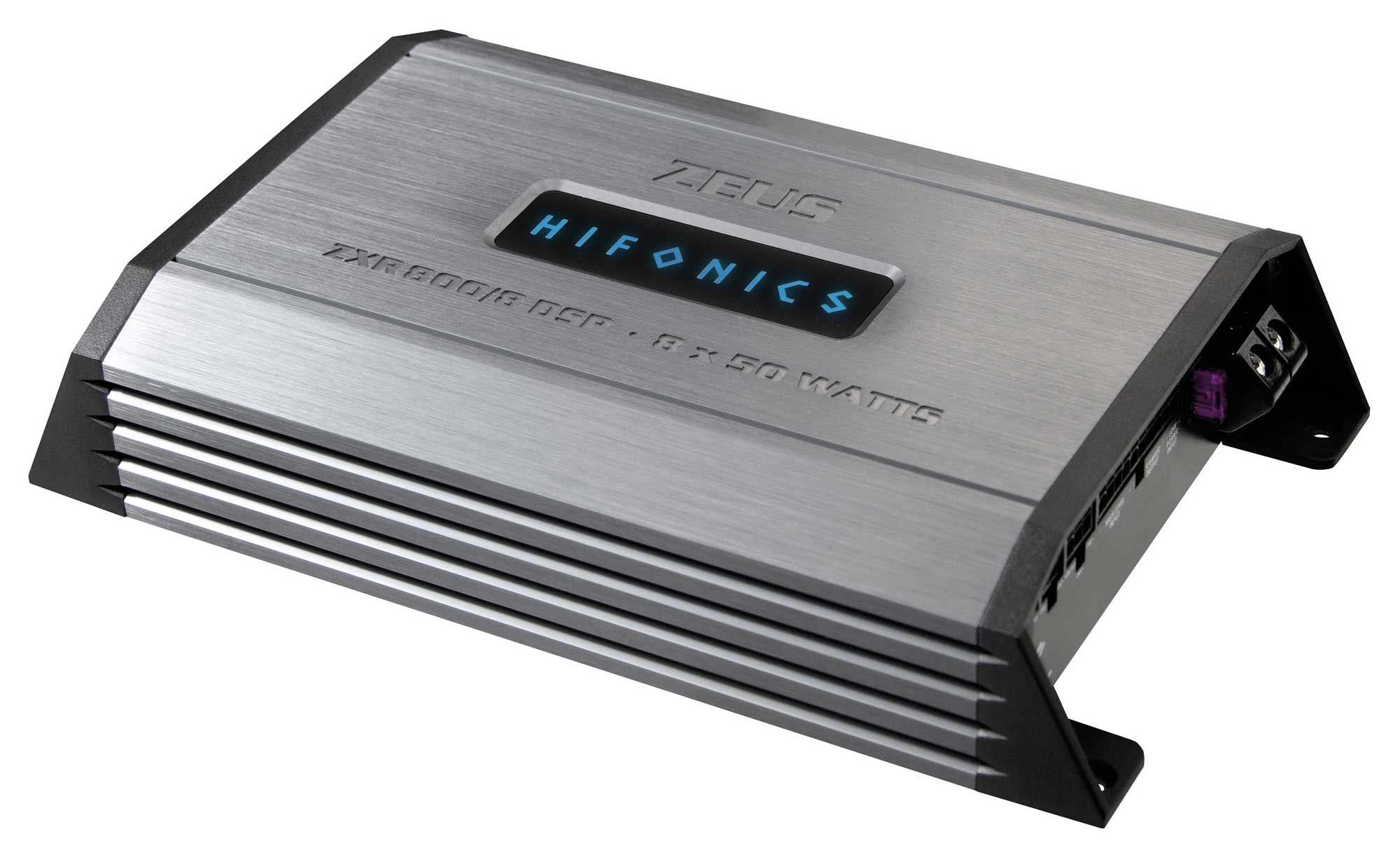Silberner Auto-Audioverstärker mit der Marke „Hifonics“ und Modellinformationen.