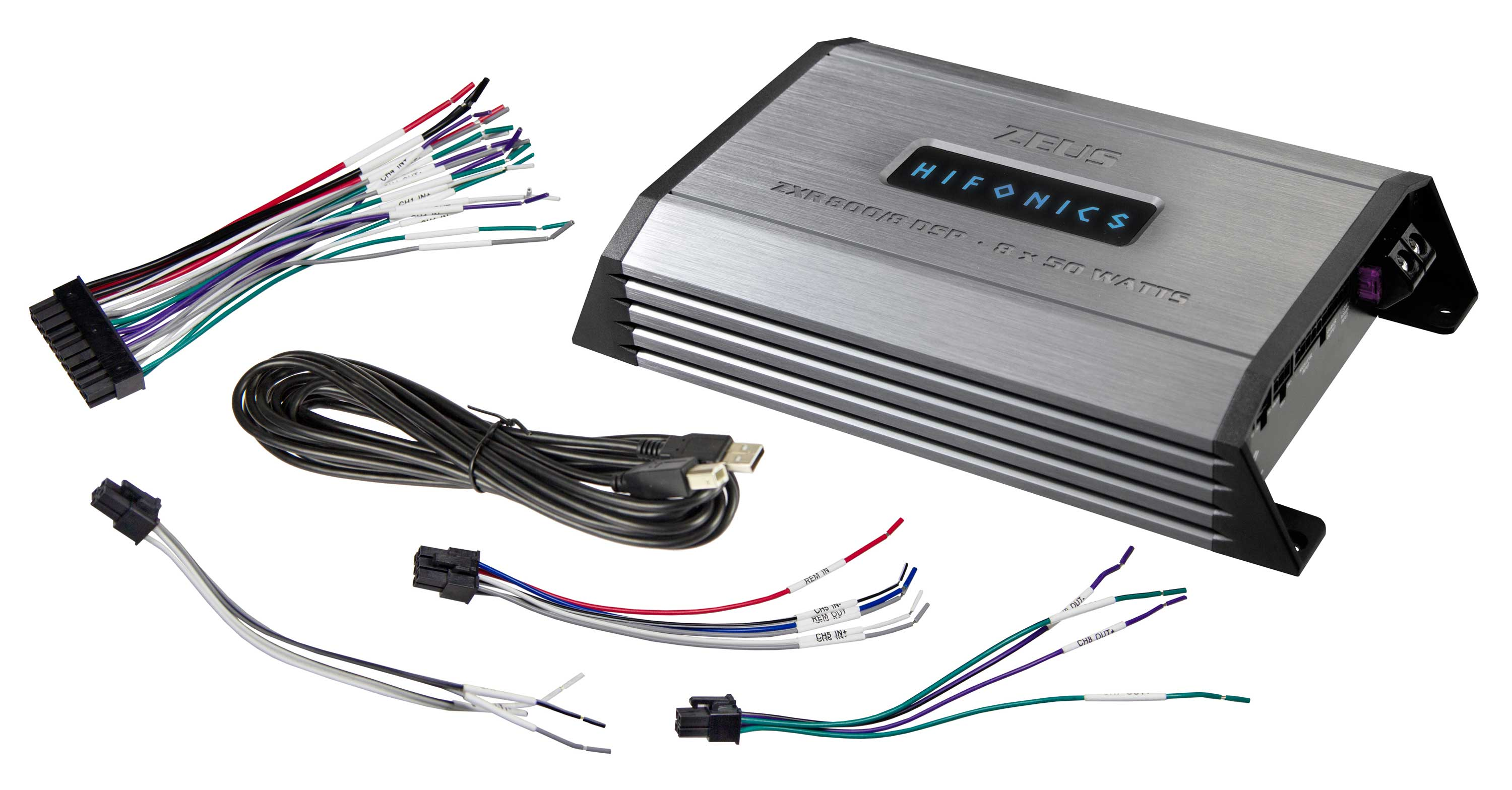 Audioverstärker mit Kabeln und Zubehör. Der Verstärker ist silberfarben mit 'Hifonics'. Kabel sind verschiedenfarbig.