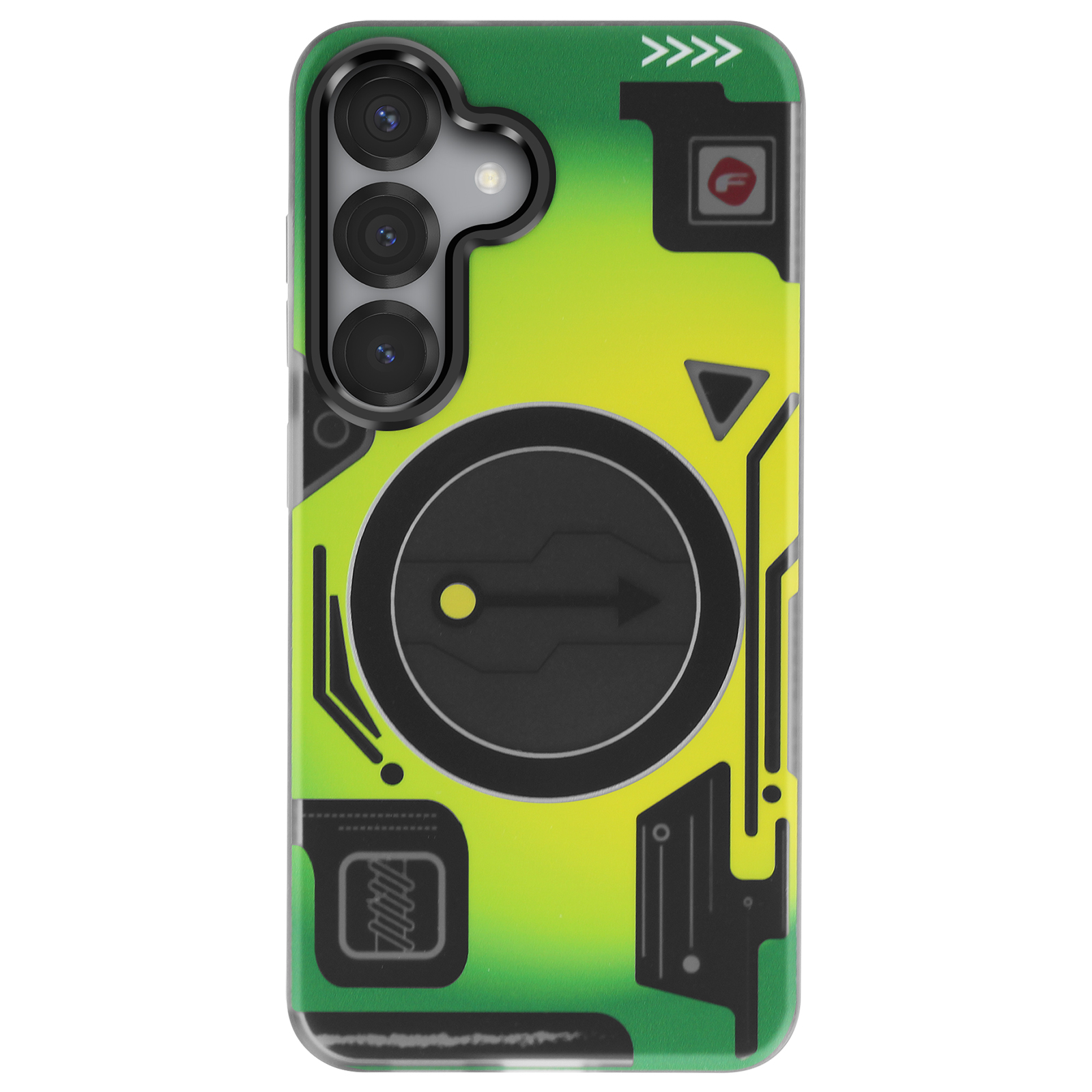 Una custodia per telefono con un design verde e giallo, con un grande cerchio nero al centro.