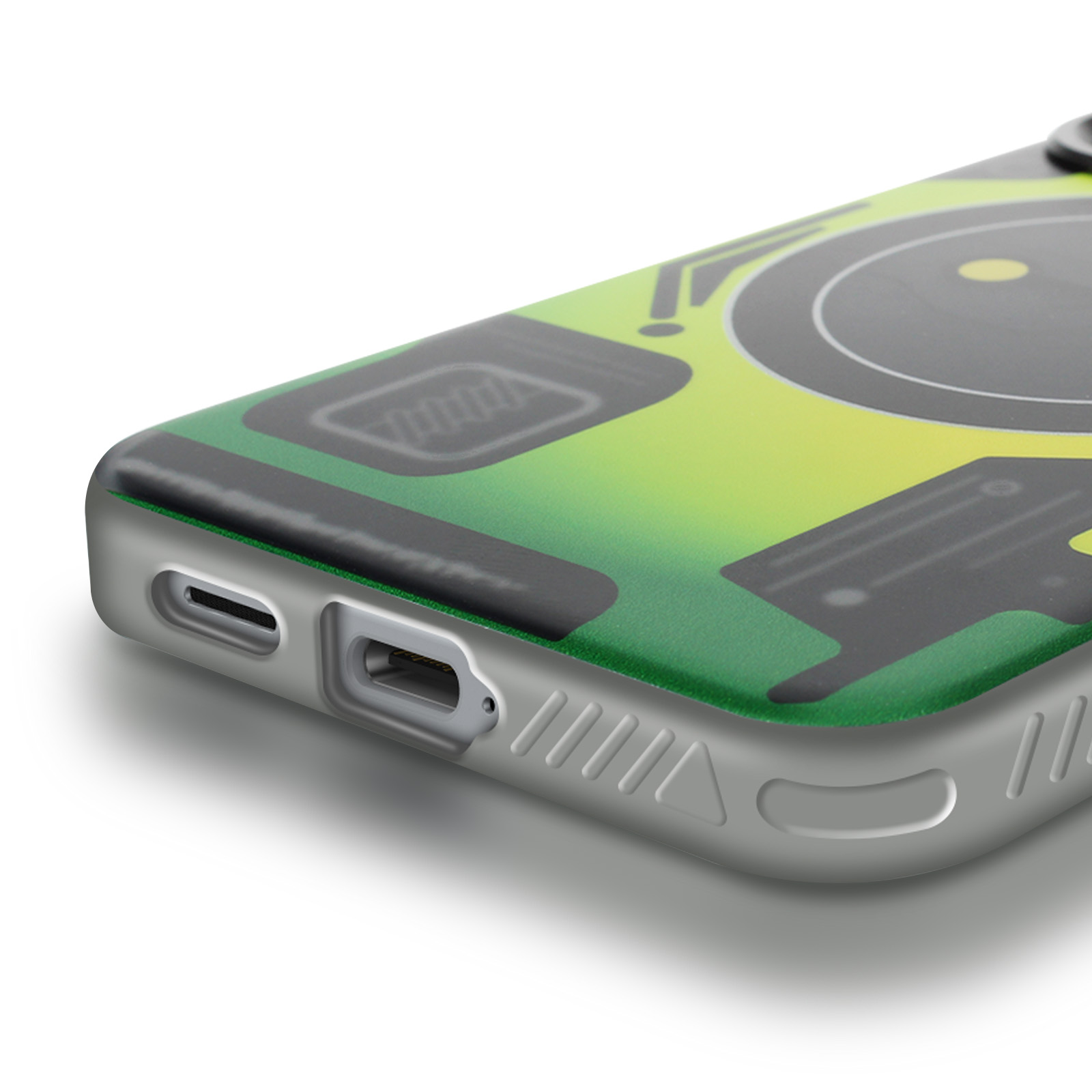 Primo piano di una cover per telefono verde e gialla. Mostra la porta e alcuni pulsanti.