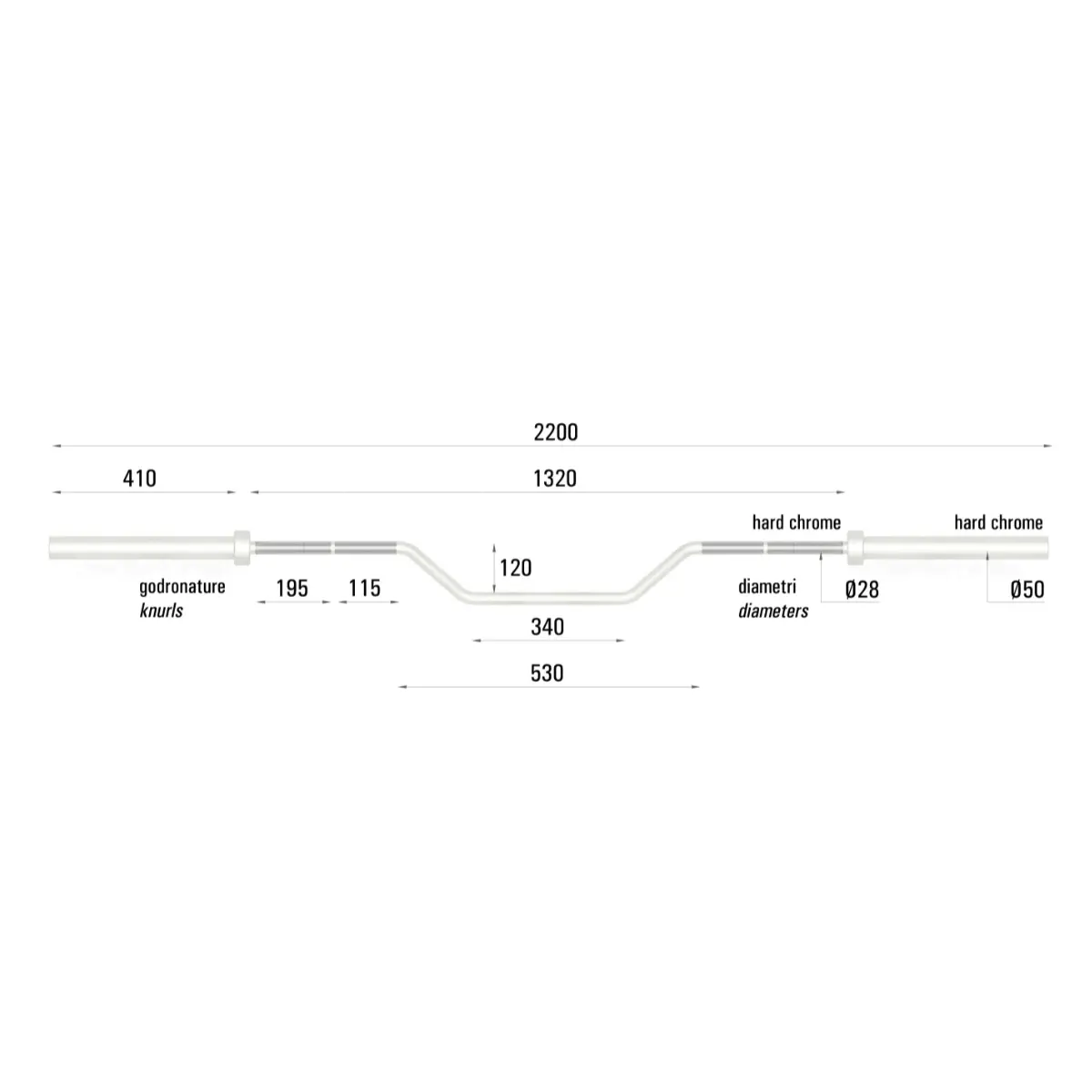 A barbell with dimensions labeled. It features hard chrome finish and godronature knurls.