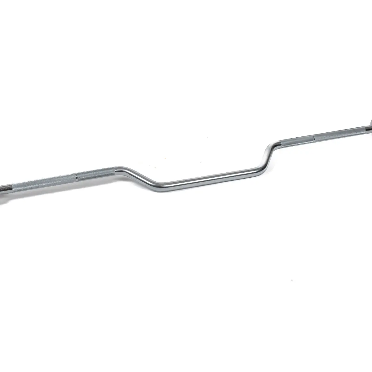A silver barbell with a curved section in the middle and textured grips.