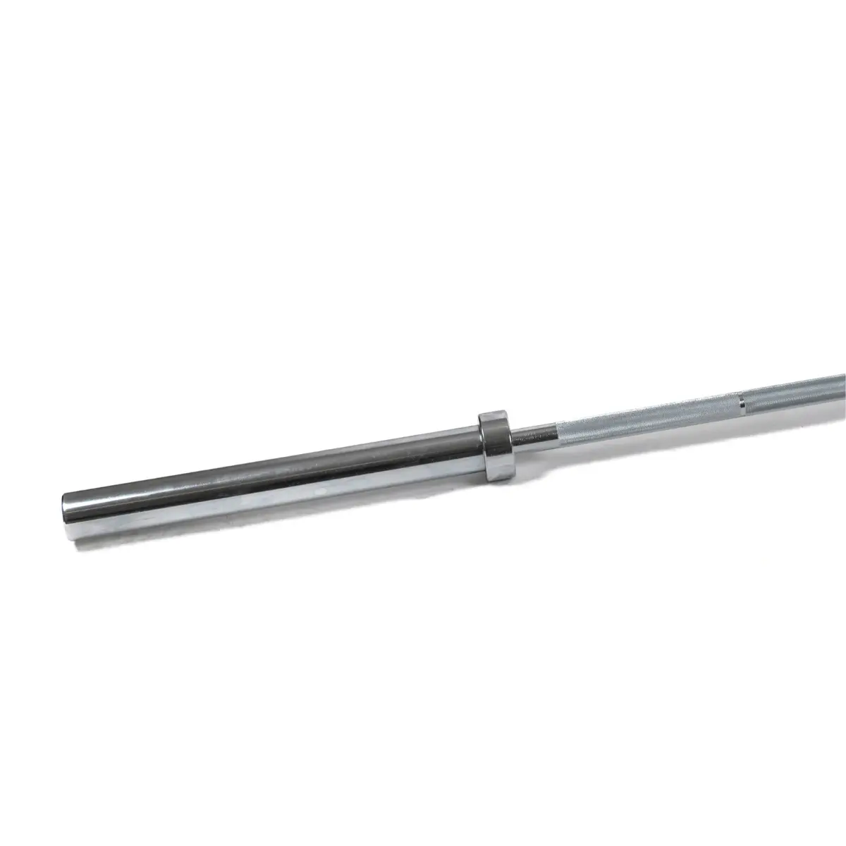 A chrome barbell on a white background.