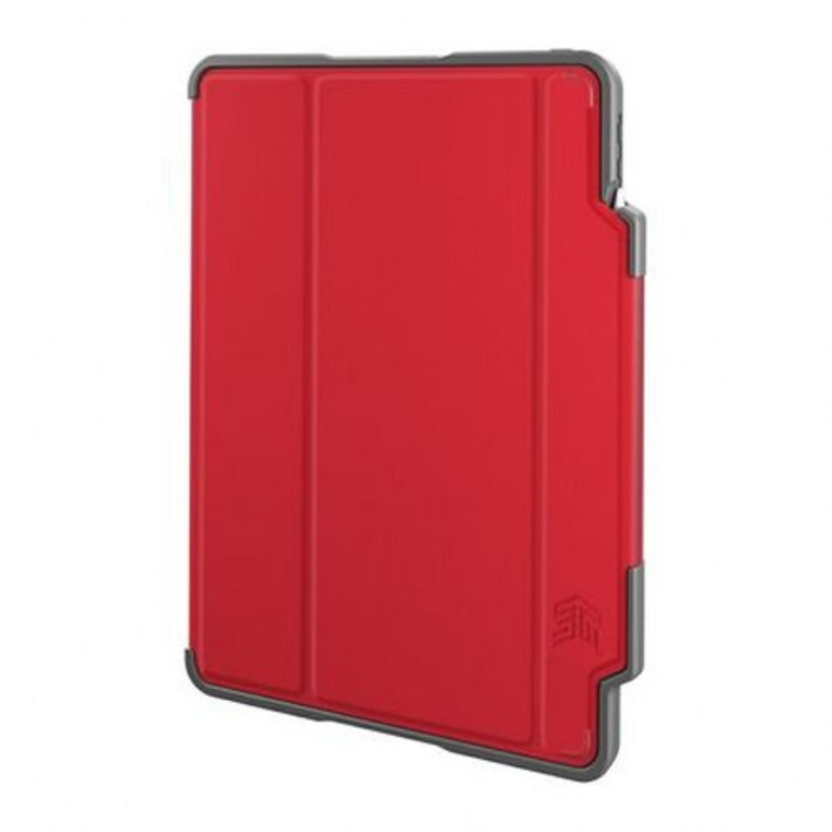 Custodia per tablet rossa con cornice grigio scuro. La custodia è chiusa.