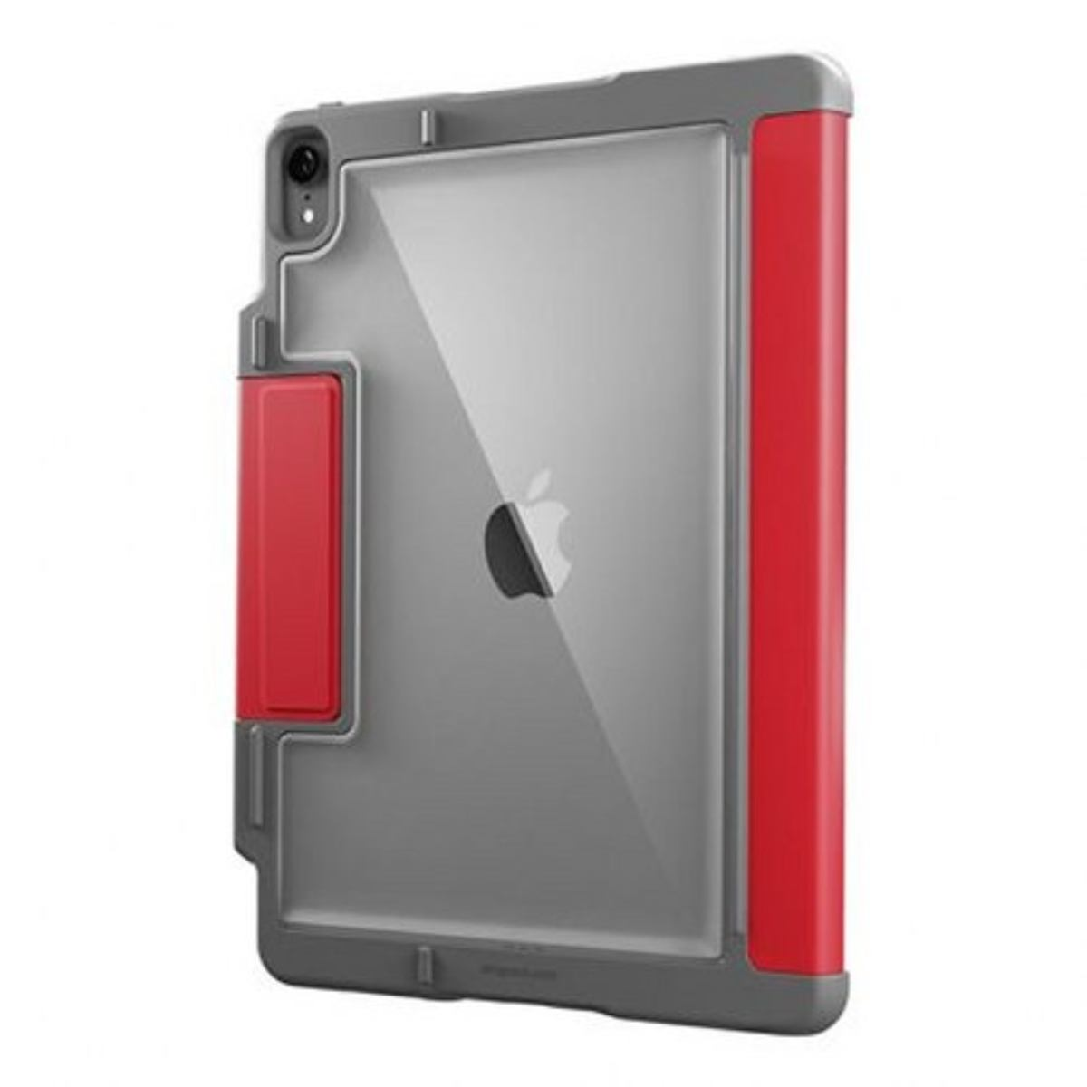 Custodia protettiva grigia e rossa per un iPad, con il logo Apple visibile.