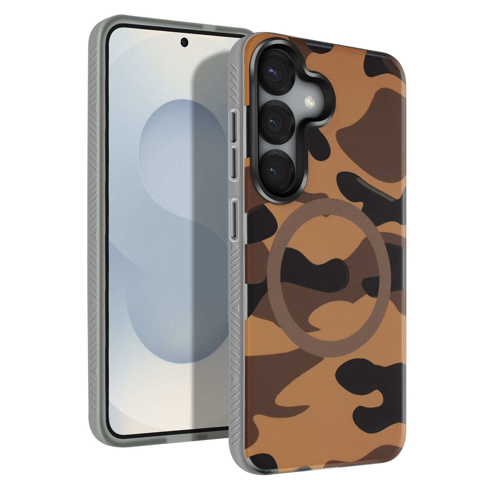 Telefono con custodia mimetica. La custodia presenta motivi marroni, neri e beige.