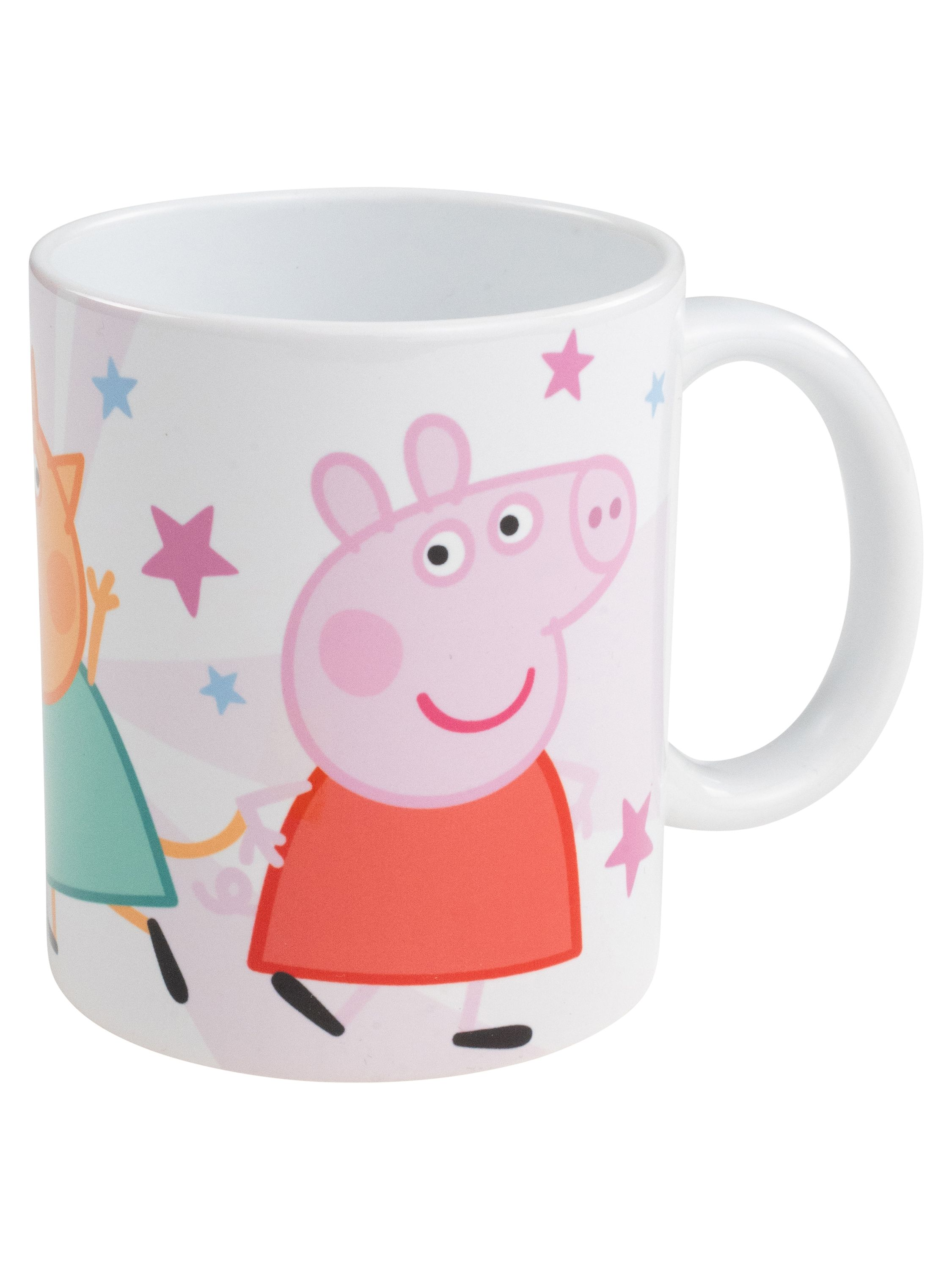 Weißer Becher mit Peppa Wutz und Freunden. Pinke Sterne verzieren den Becher.