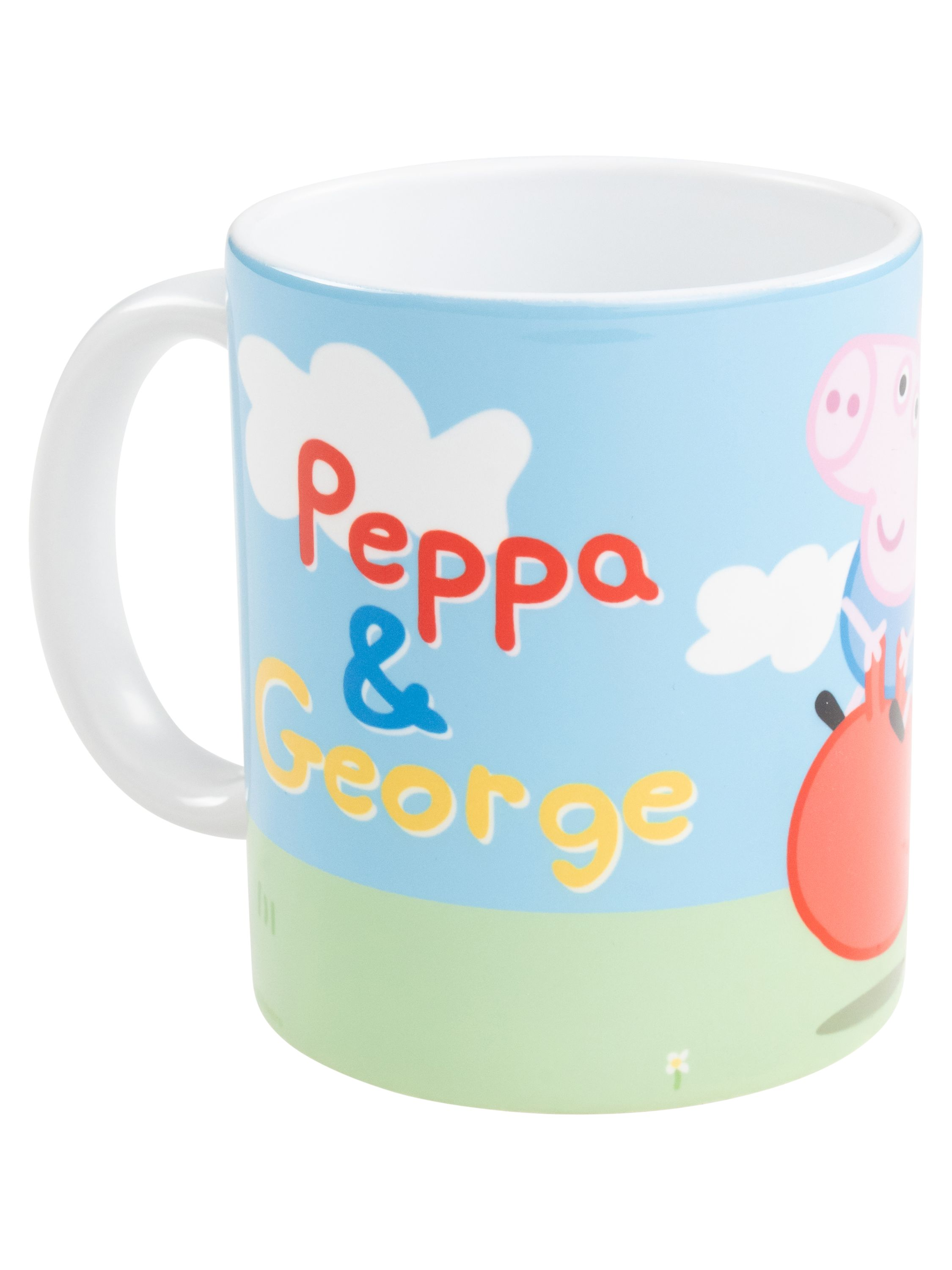 Eine weiße Tasse mit Illustrationen von Peppa Wutz und George, mit dem Text 'Peppa & George'.