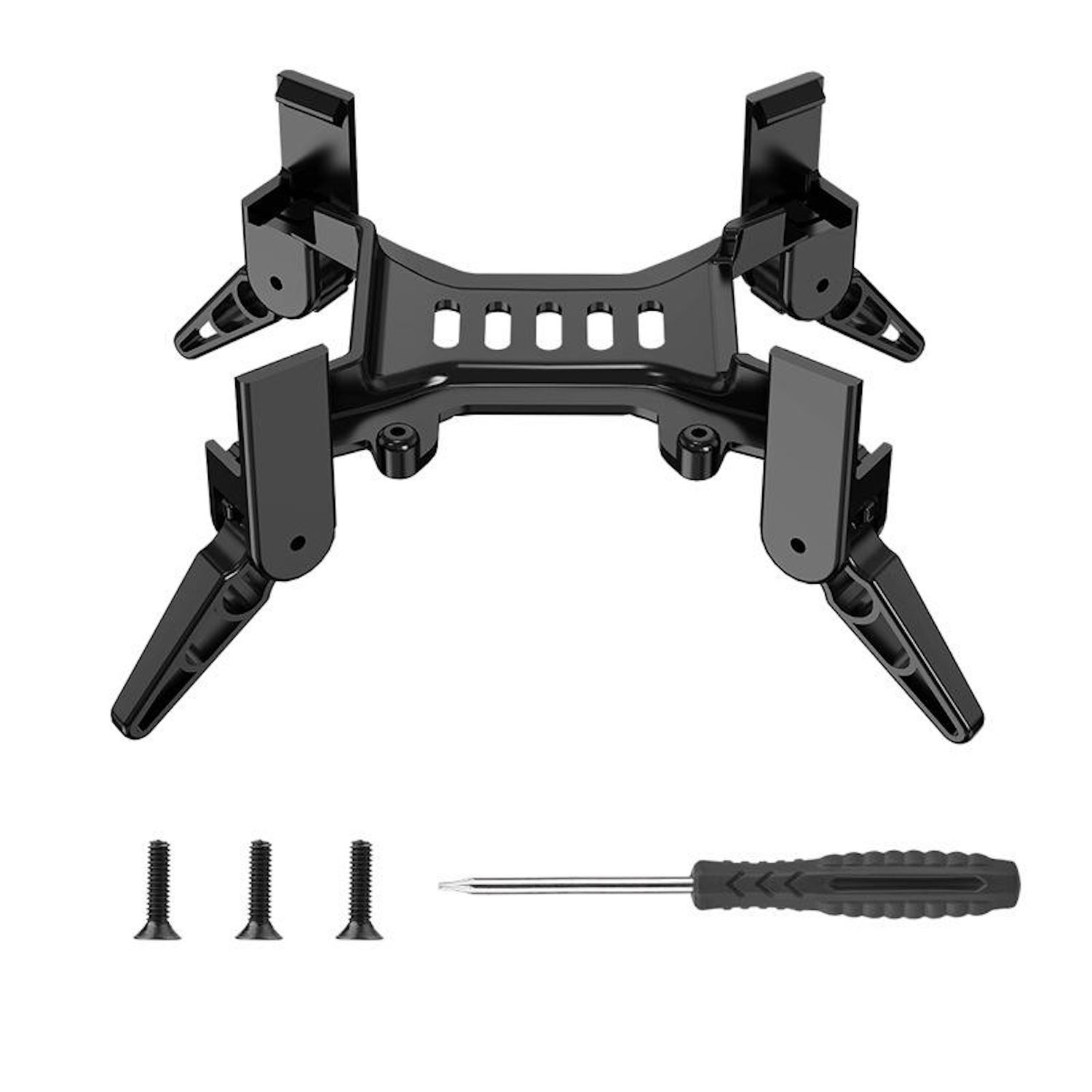 Schwarzer Metall-Montagehalter mit Schrauben und einem Schraubendreher. Der Halter hat ein einzigartiges, eckiges Design.