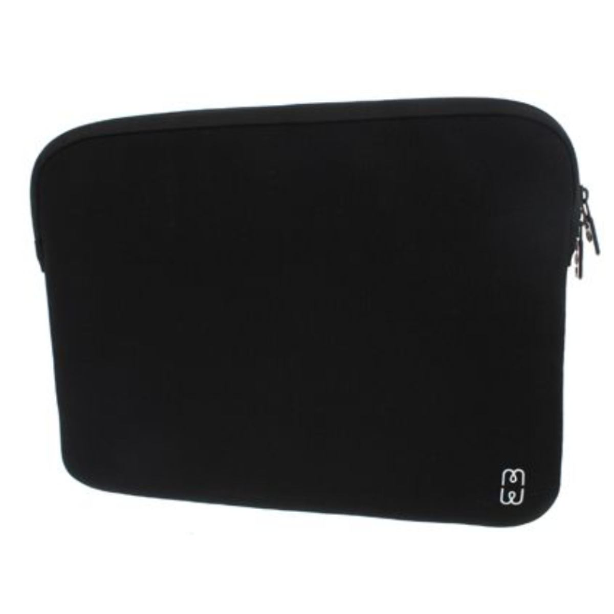 Funda para portátil de neopreno negro con cremallera y un pequeño logotipo en la esquina inferior derecha.