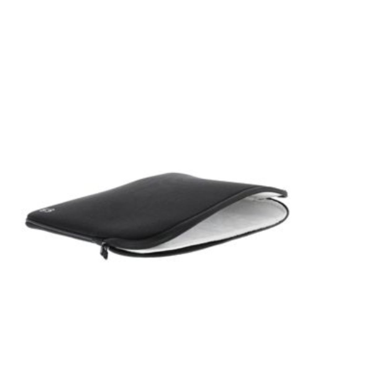 Funda negra para portátil, abierta para mostrar un interior blanco.