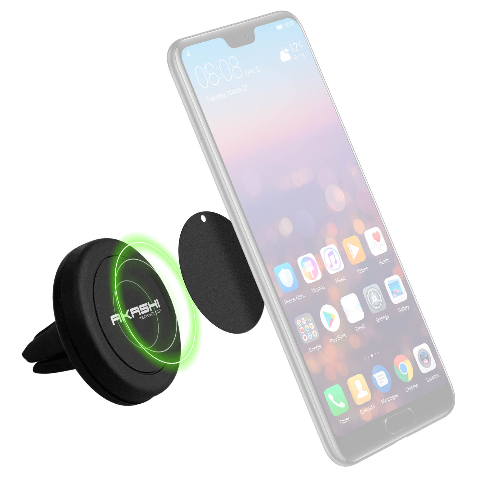Telefono attaccato a un supporto per bocchetta dell'auto. Supporto magnetico e telefono visibili.