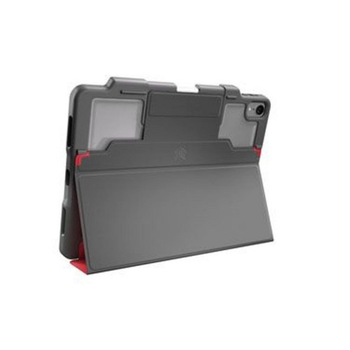 Una custodia per tablet. È grigio scuro e ha una copertura protettiva che può essere piegata come supporto.