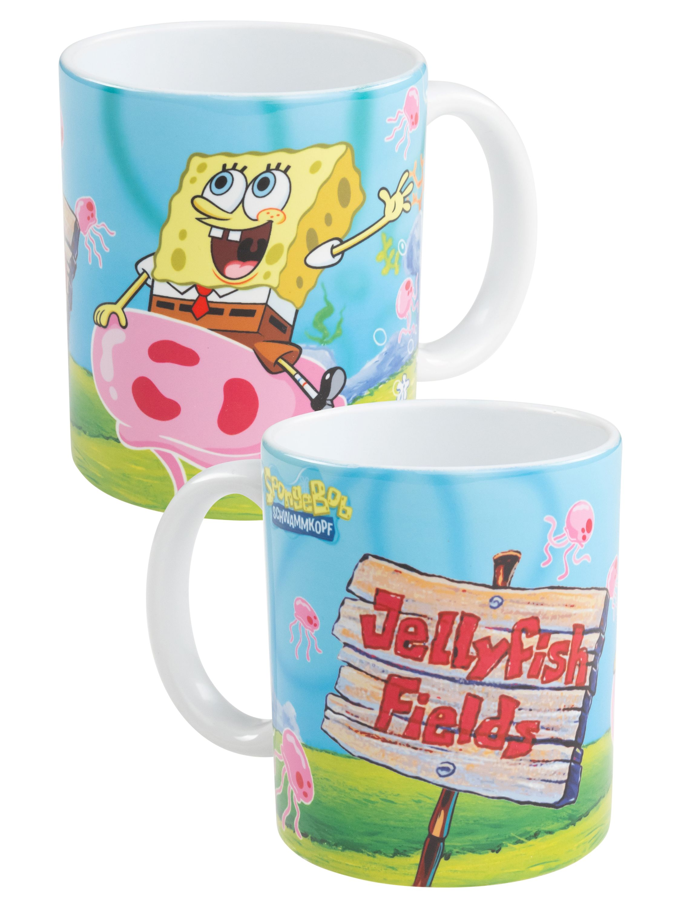 Zwei Cartoon-Tassen mit SpongeBob Schwammkopf, eine mit dem Schild "Quallenfelder".