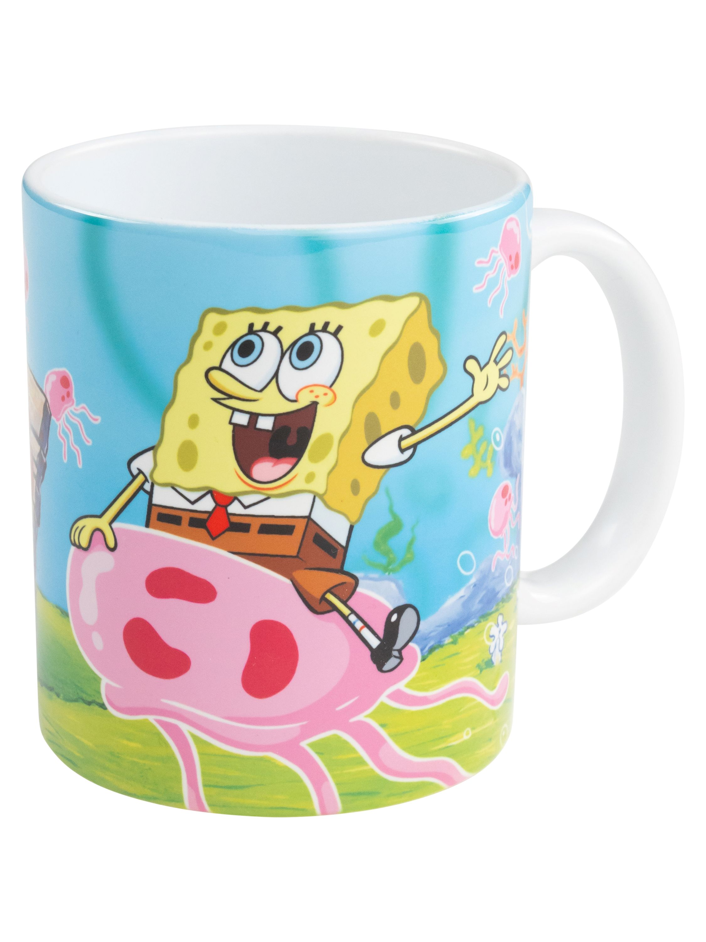 Eine Tasse mit SpongeBob Schwammkopf, der auf einer rosa Qualle vor blauem Meereshintergrund reitet.