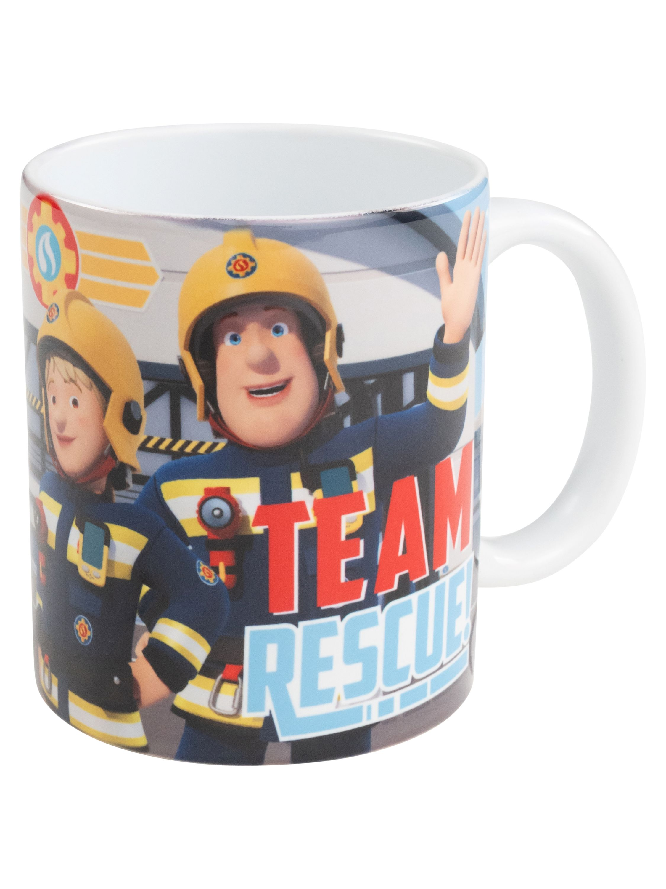 Eine Tasse mit Feuerwehrmännern aus dem Cartoon 'Team Rescue'.