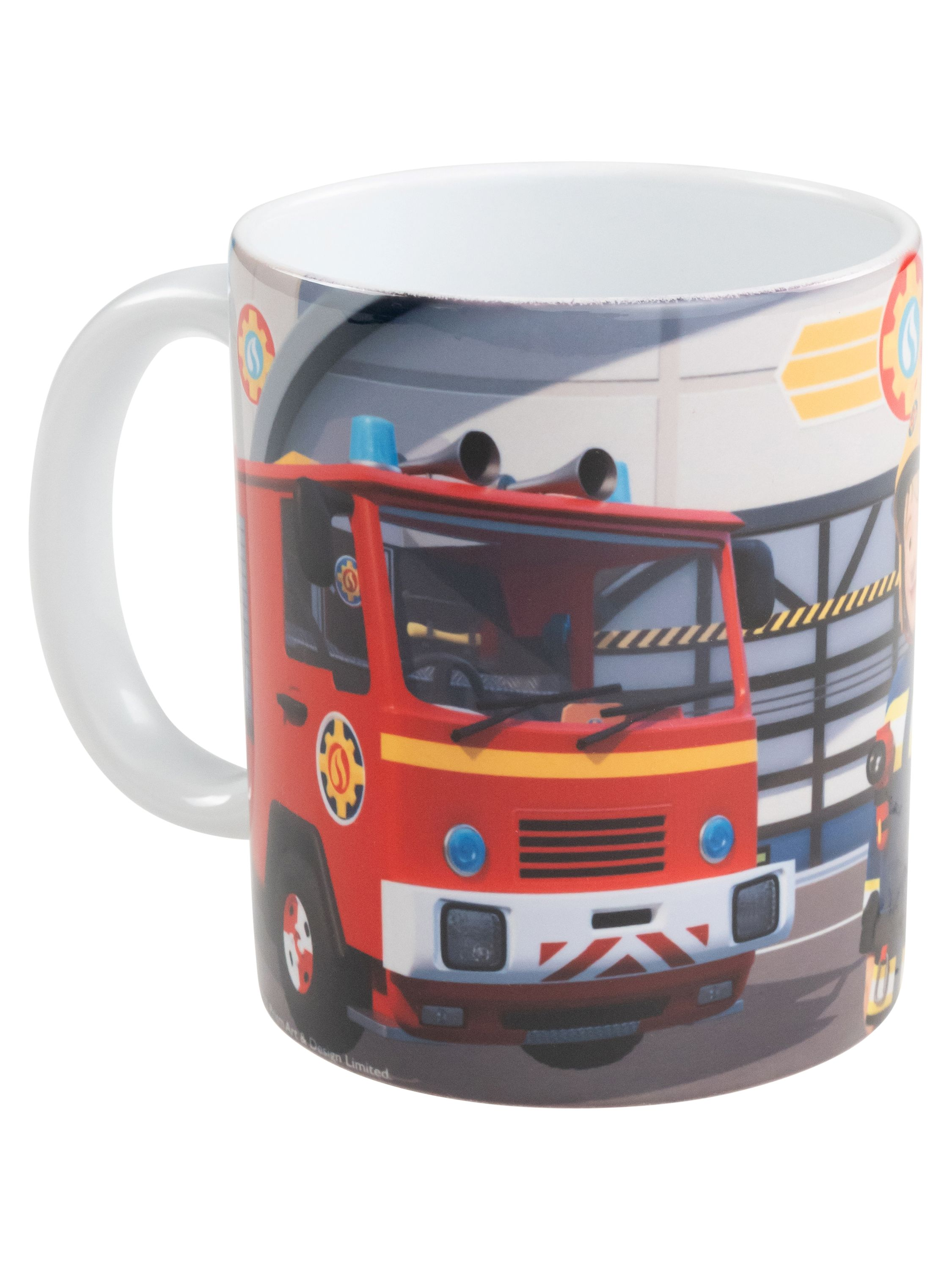 Weißer Becher mit Cartoon eines roten Feuerwehrautos, mit Griff rechts.