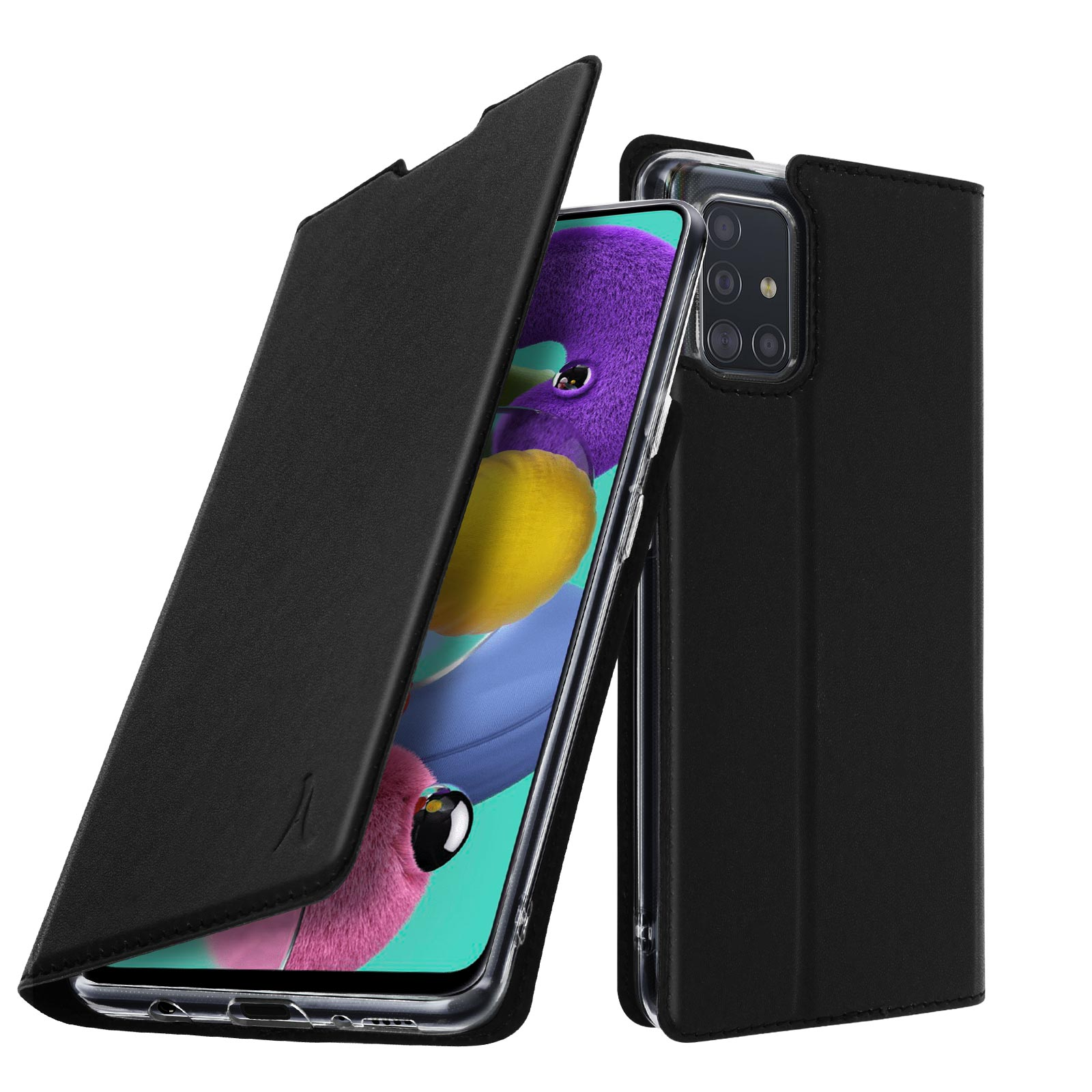 Custodia per telefono nera con coperchio aperto, mostra telefono con tripla fotocamera.
