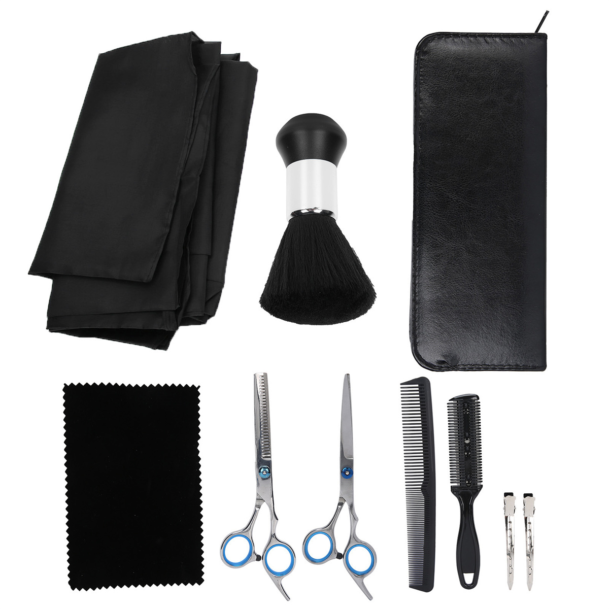 Ein Set schwarzer Friseurwerkzeuge, darunter Scheren, Kämme und ein Nackenpinsel.
