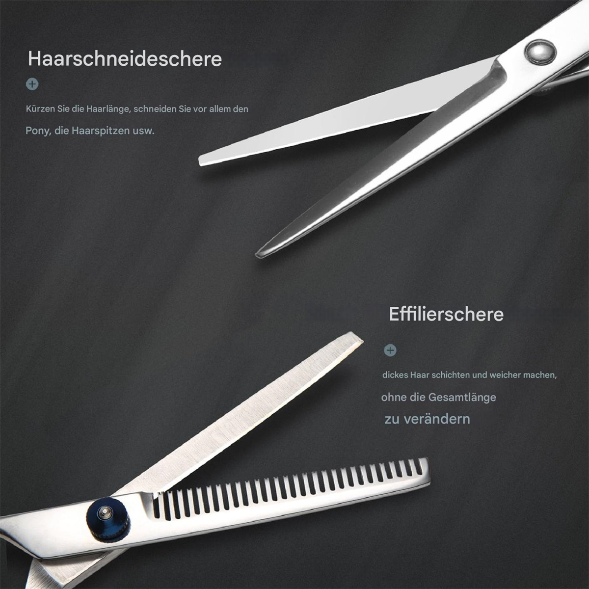 Zwei Haarscheren: eine zum Kürzen, die andere zum Ausdünnen der Haare.