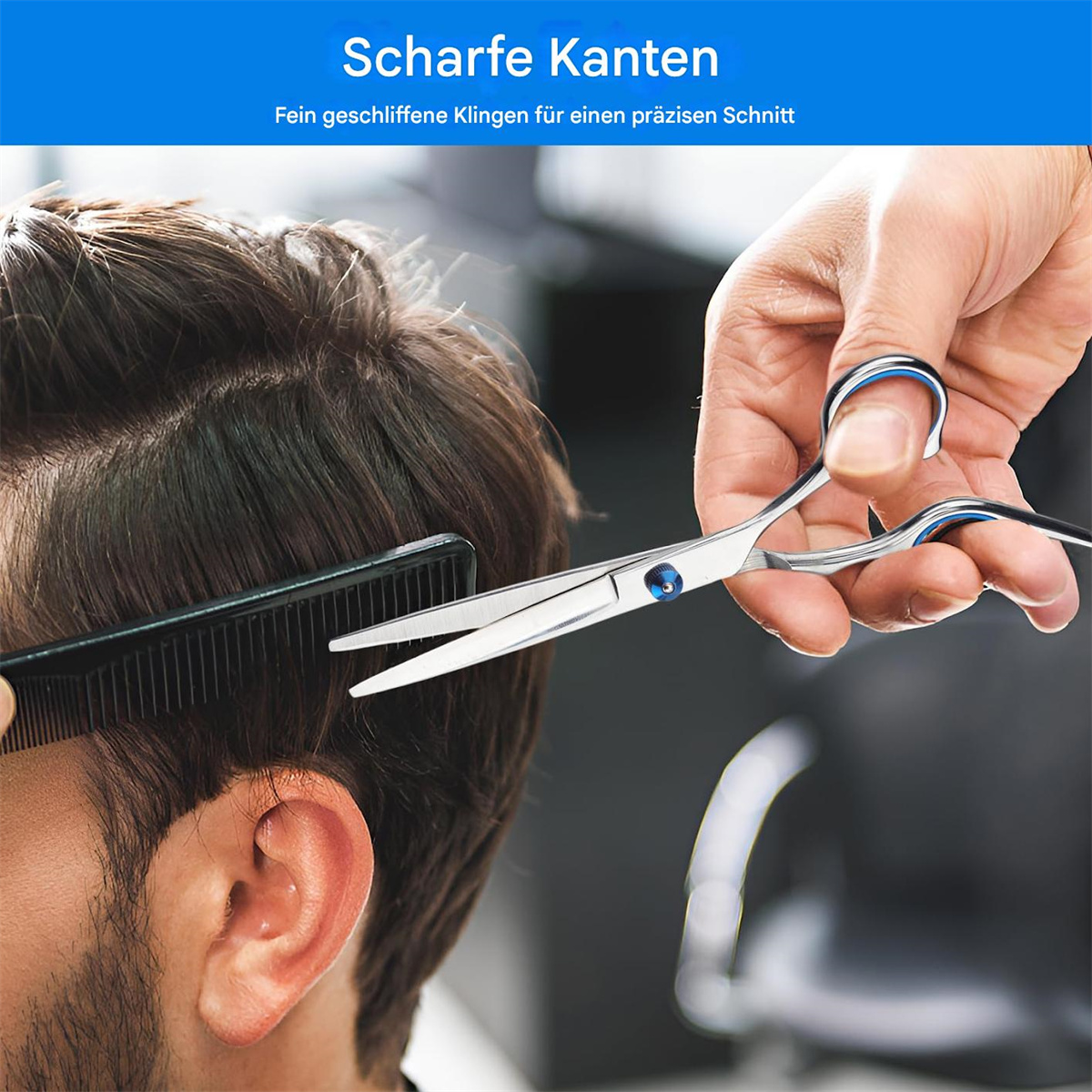 Friseur schneidet Haare mit Schere und Kamm. Nahaufnahme von Händen und Haaren.
