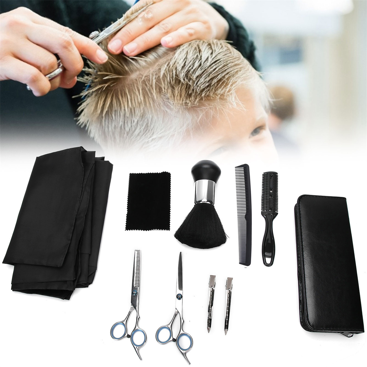 Friseur schneidet Haare. Verschiedene Friseurwerkzeuge wie Scheren, Bürsten und Kämme sind ausgelegt.