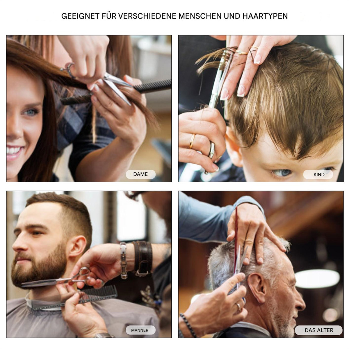 Friseurszenen mit einer Frau, einem Kind, einem Mann und einer älteren Person.