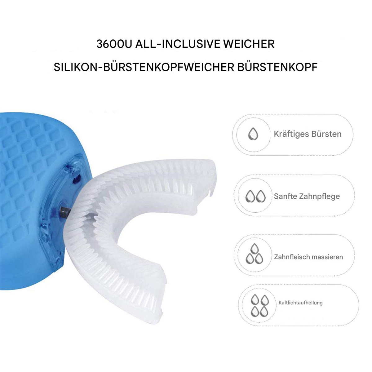 Ein blauer Zahnbürstenkopf mit weißen Borsten. Es hat 4 Symbole für Putzen und Gesundheit.