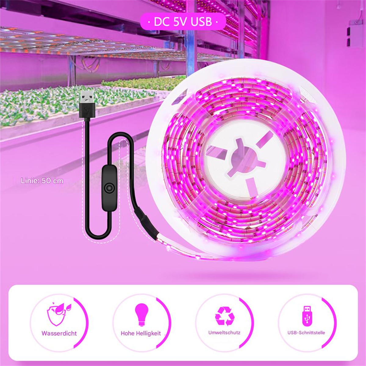 Eine Rolle rosa LED-Streifen mit USB-Kabel und Schalter, neben Symbolen für wasserdicht, hohe Helligkeit, Umweltschutz und USB.