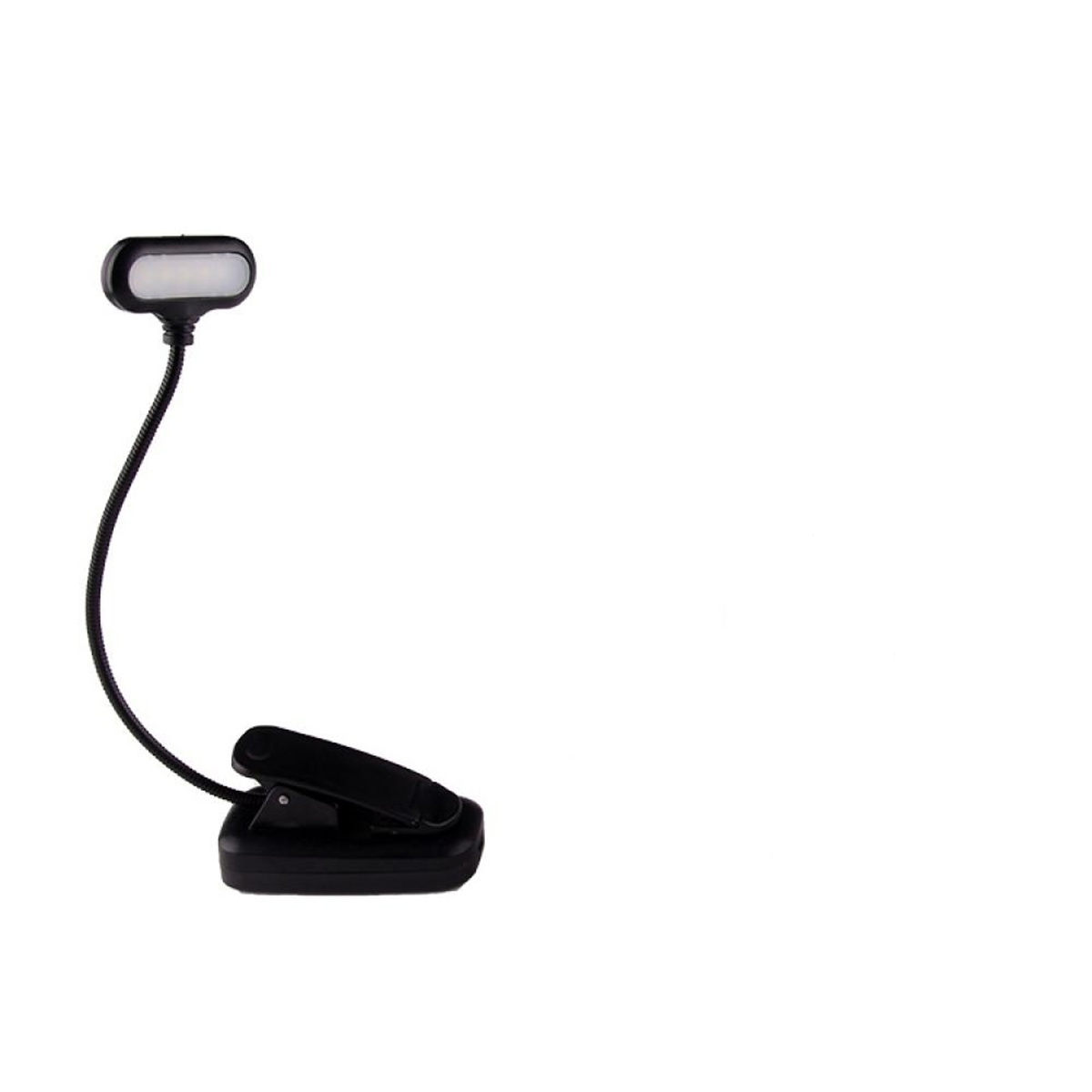 Schwarze LED-Leselampe mit flexiblem Hals, auf weißem Hintergrund.