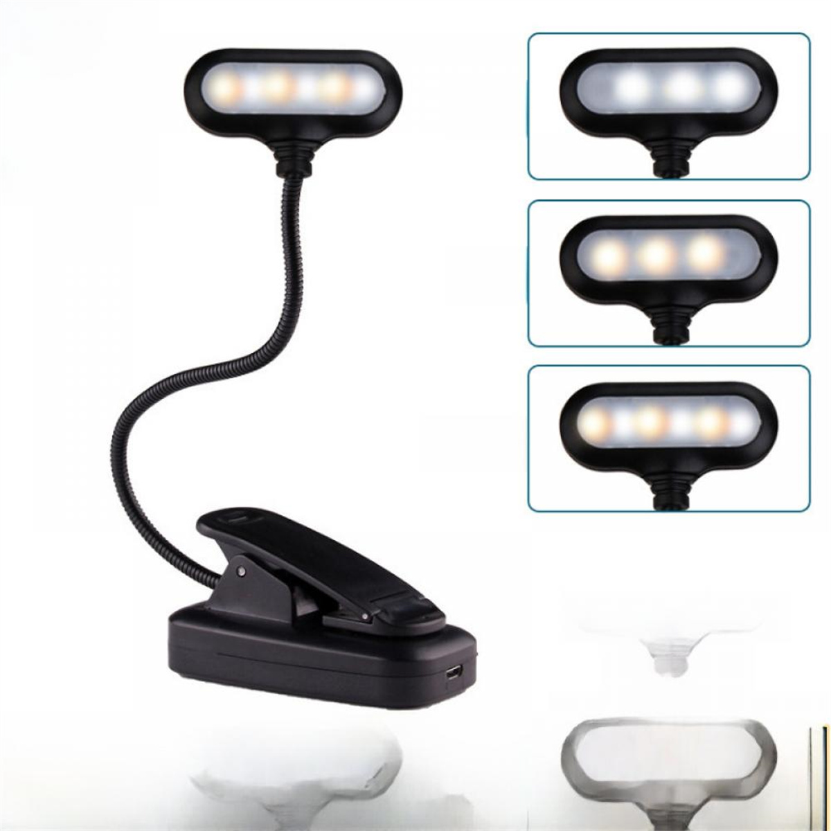 Schwarze Leselampe mit verstellbarem Hals und Clip. Drei Lichteinstellungen sind gezeigt.