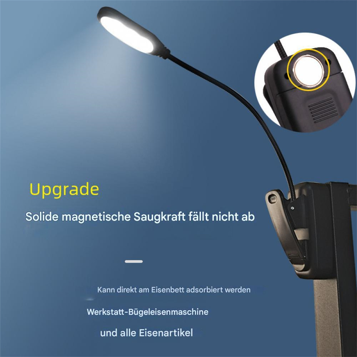 Eine flexible schwarze Schreibtischlampe mit hellem Licht. Der Text besagt, dass sie magnetisch ist.