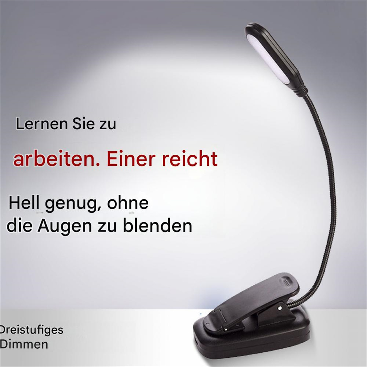 Eine schwarze LED-Leselampe mit flexiblem Hals und schwarzem Clipfuß. Text auf Deutsch ist sichtbar.